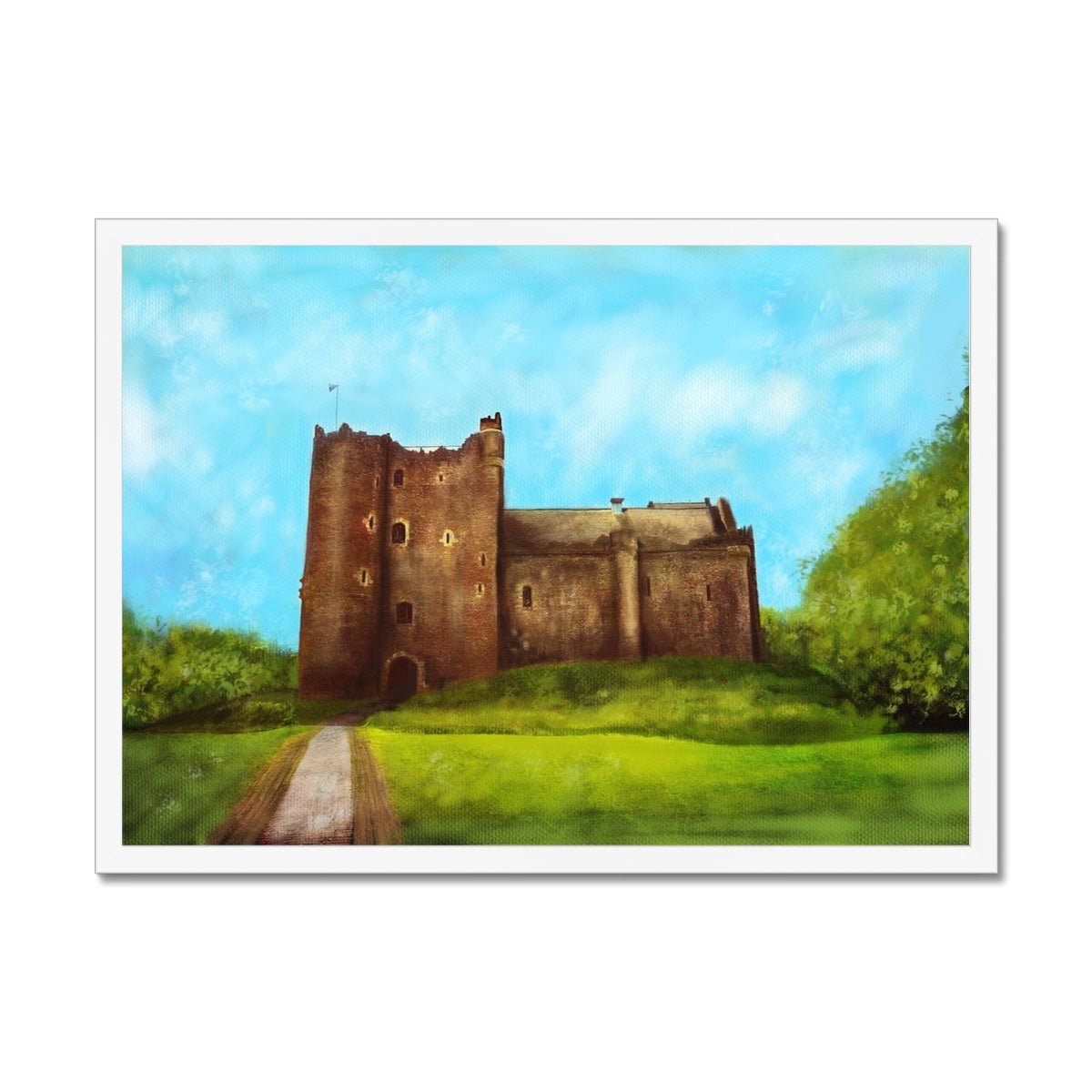 Doune Castle Painting | Framed Prints From Scotland-Framed Prints-Historic & Iconic Scotland Art Gallery-A2 Landscape-White Frame-Paintings, Prints, Homeware, Art Gifts From Scotland By Scottish Artist Kevin Hunter