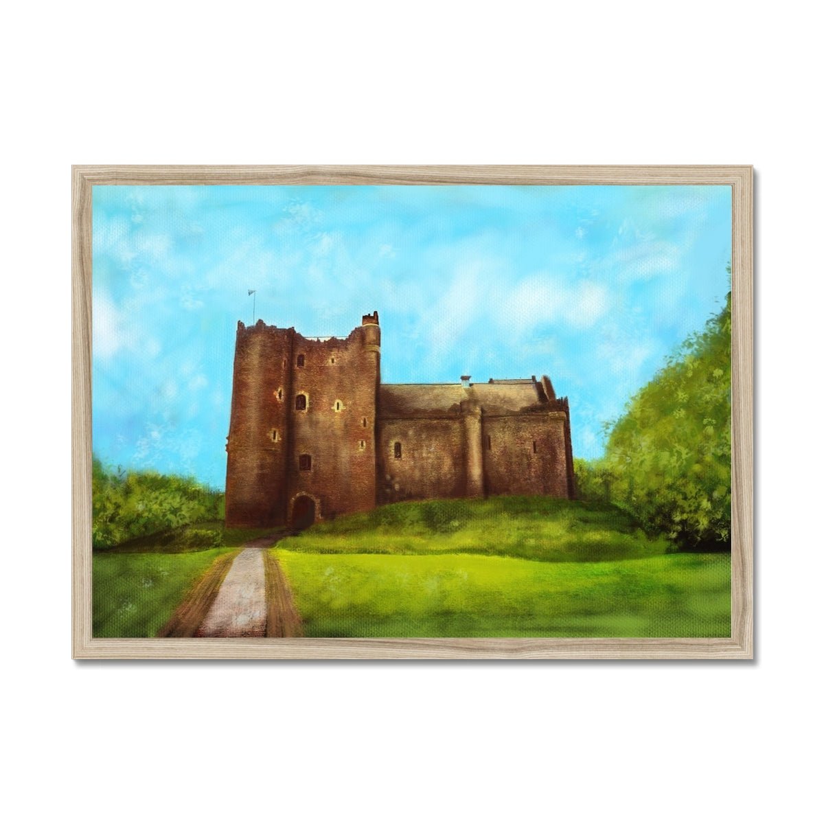 Doune Castle Painting | Framed Prints From Scotland-Framed Prints-Historic & Iconic Scotland Art Gallery-A2 Landscape-Natural Frame-Paintings, Prints, Homeware, Art Gifts From Scotland By Scottish Artist Kevin Hunter