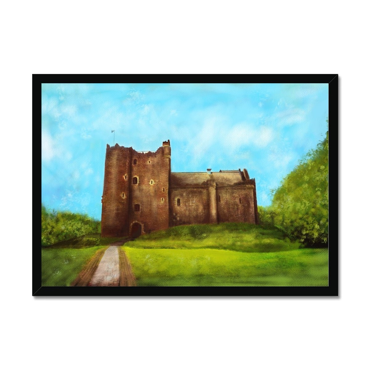 Doune Castle Painting | Framed Prints From Scotland-Framed Prints-Scottish Castles Art Gallery-A2 Landscape-Black Frame-Paintings, Prints, Homeware, Art Gifts From Scotland By Scottish Artist Kevin Hunter