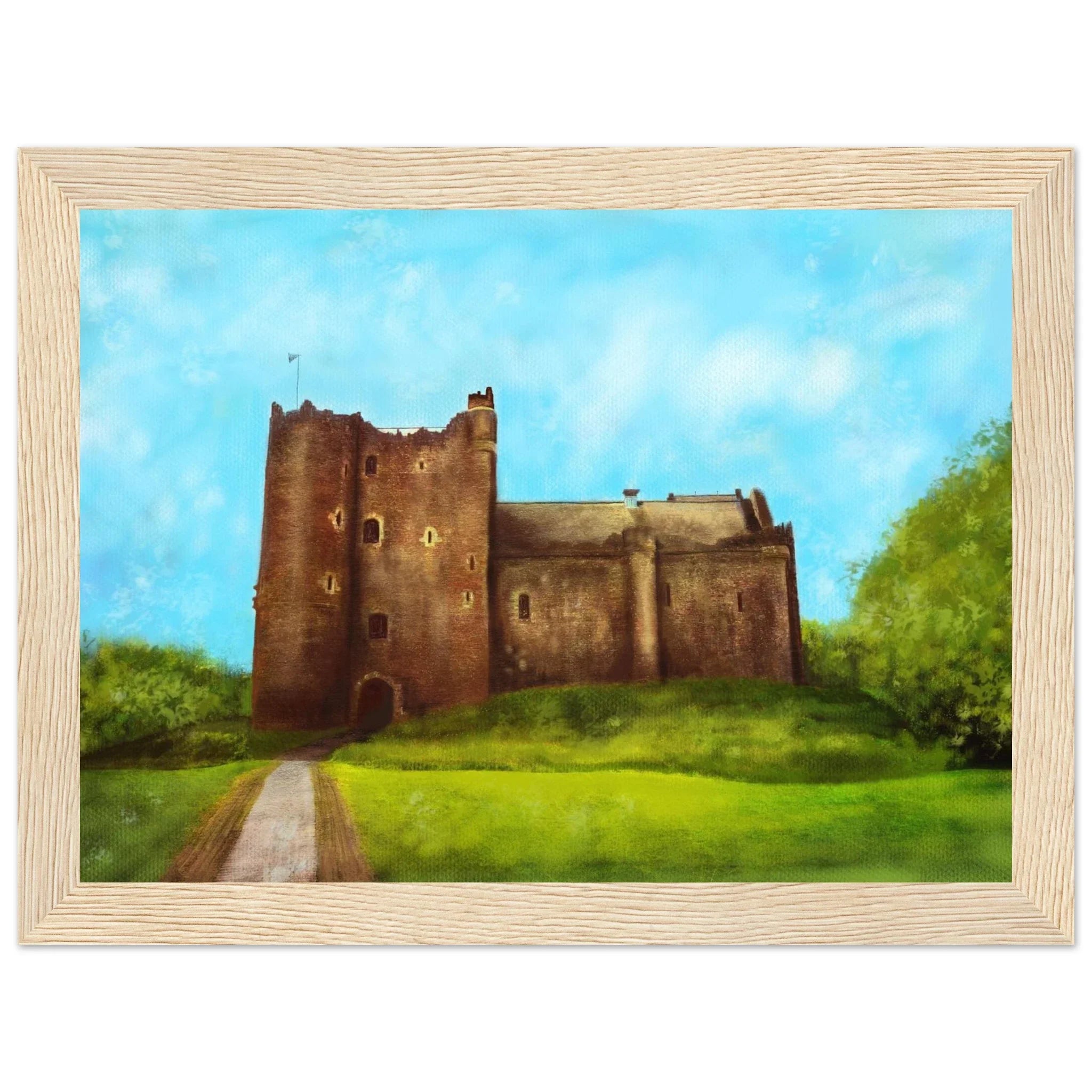 Framed Doune Castle painting, Scotland in your pocket, stone historic castle with mossy grass and trees under blue sky
