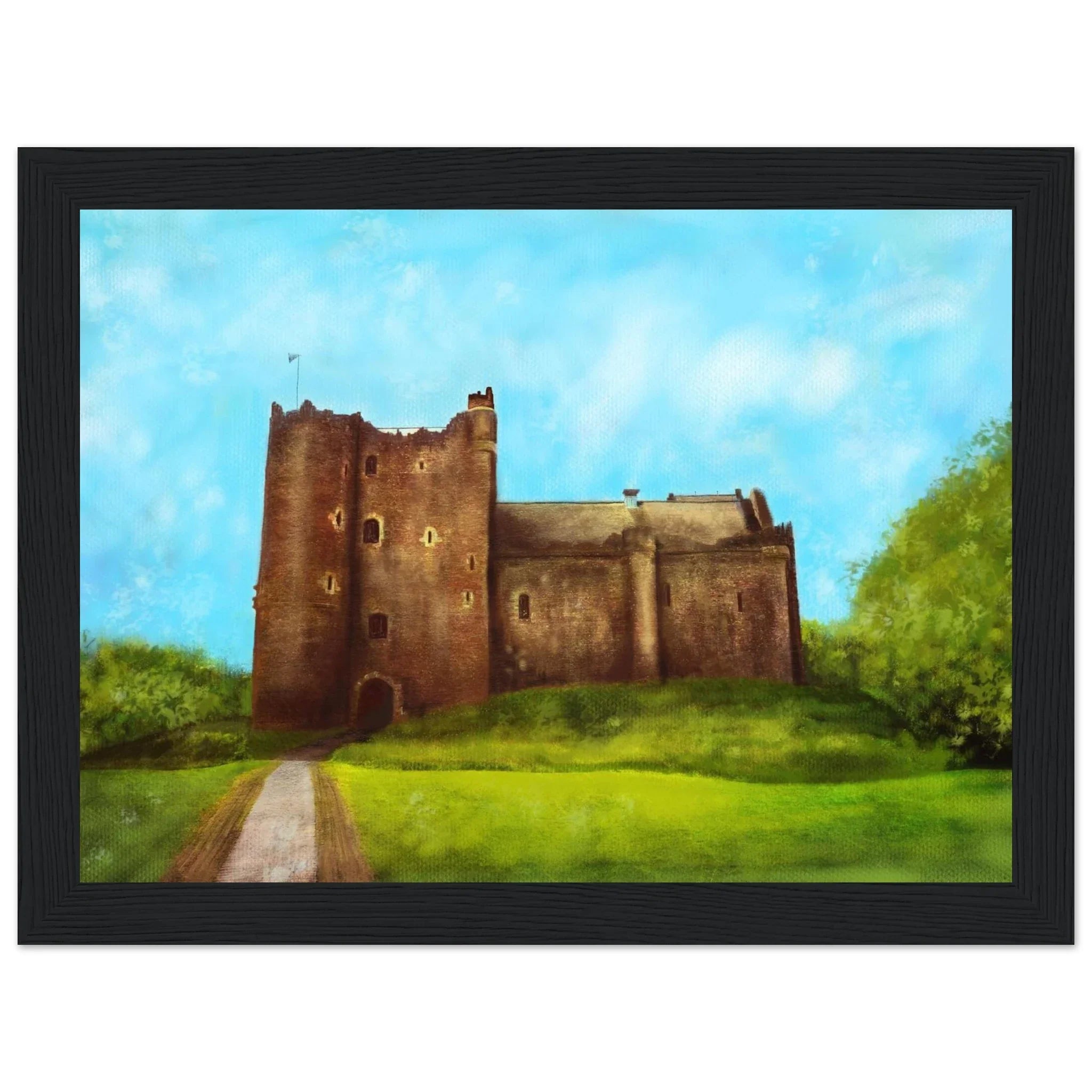 Framed Doune Castle painting with stone walls and blue sky, Scotland In Your Pocket
