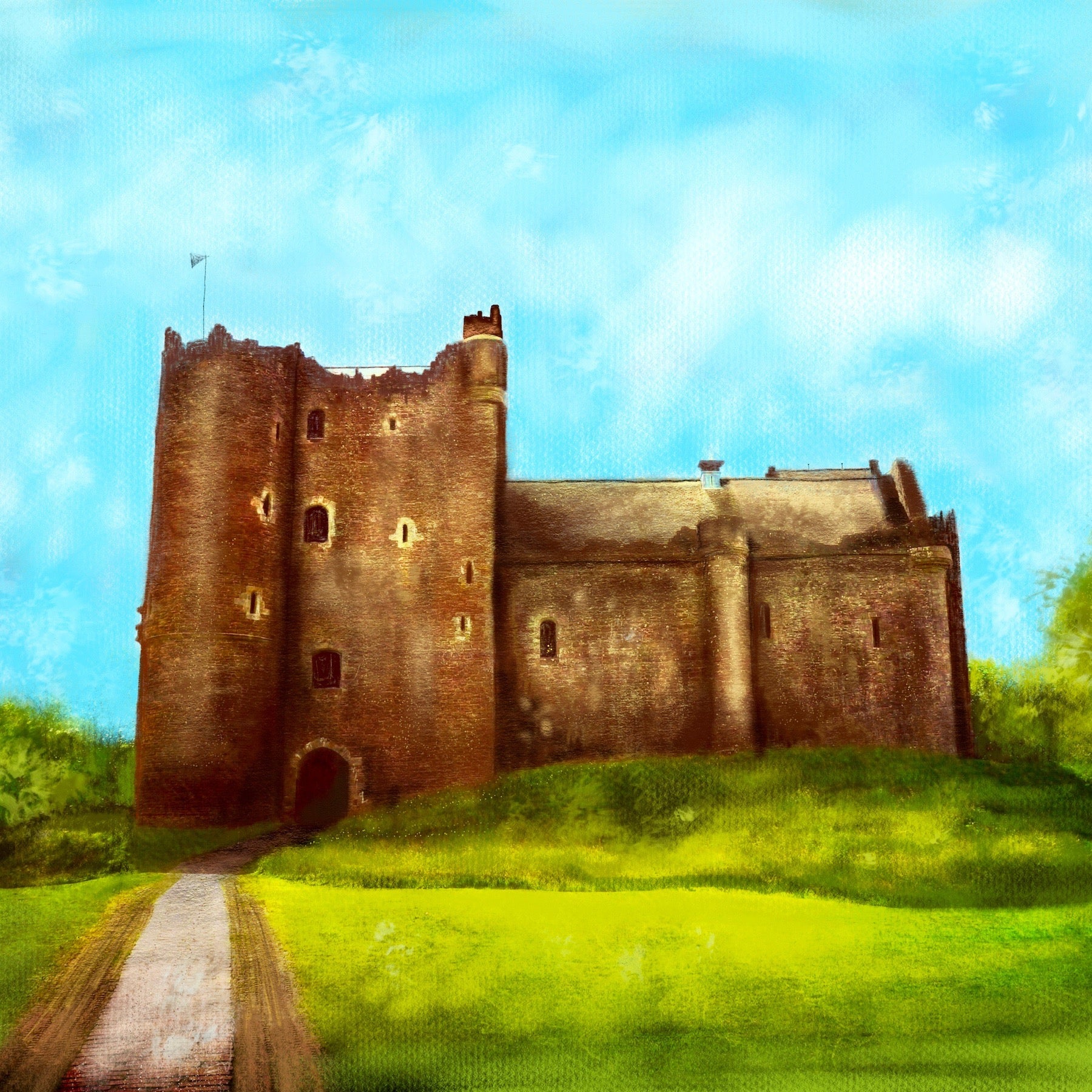 Old weathered stone Doune Castle with tower and flag on grassy hill in Scotland