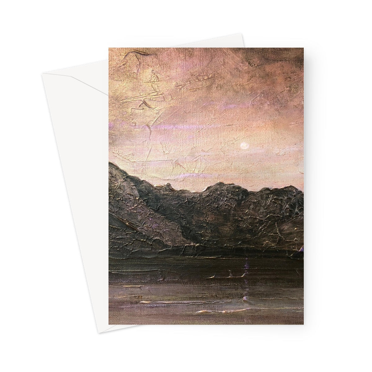 Dubh Ridge Moonlight greeting card with textured mountain landscape under pink gold sky