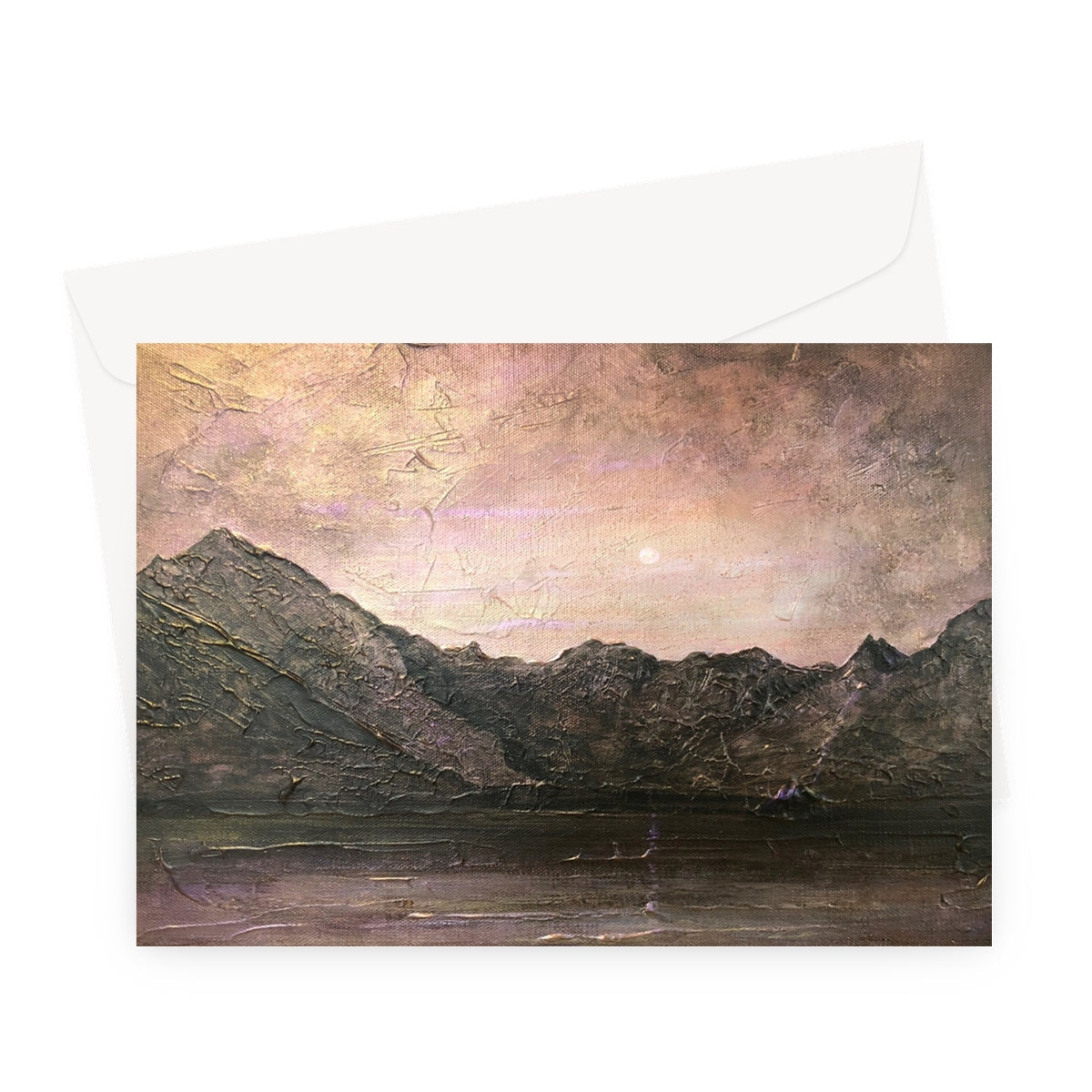 Dubh Ridge Moonlight greeting card with textured mountain landscape