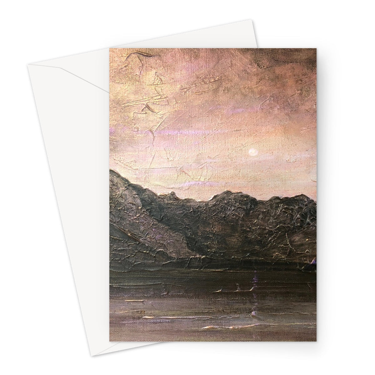 Dubh Ridge Moonlight greeting card with textured mountain landscape under pink gold sky