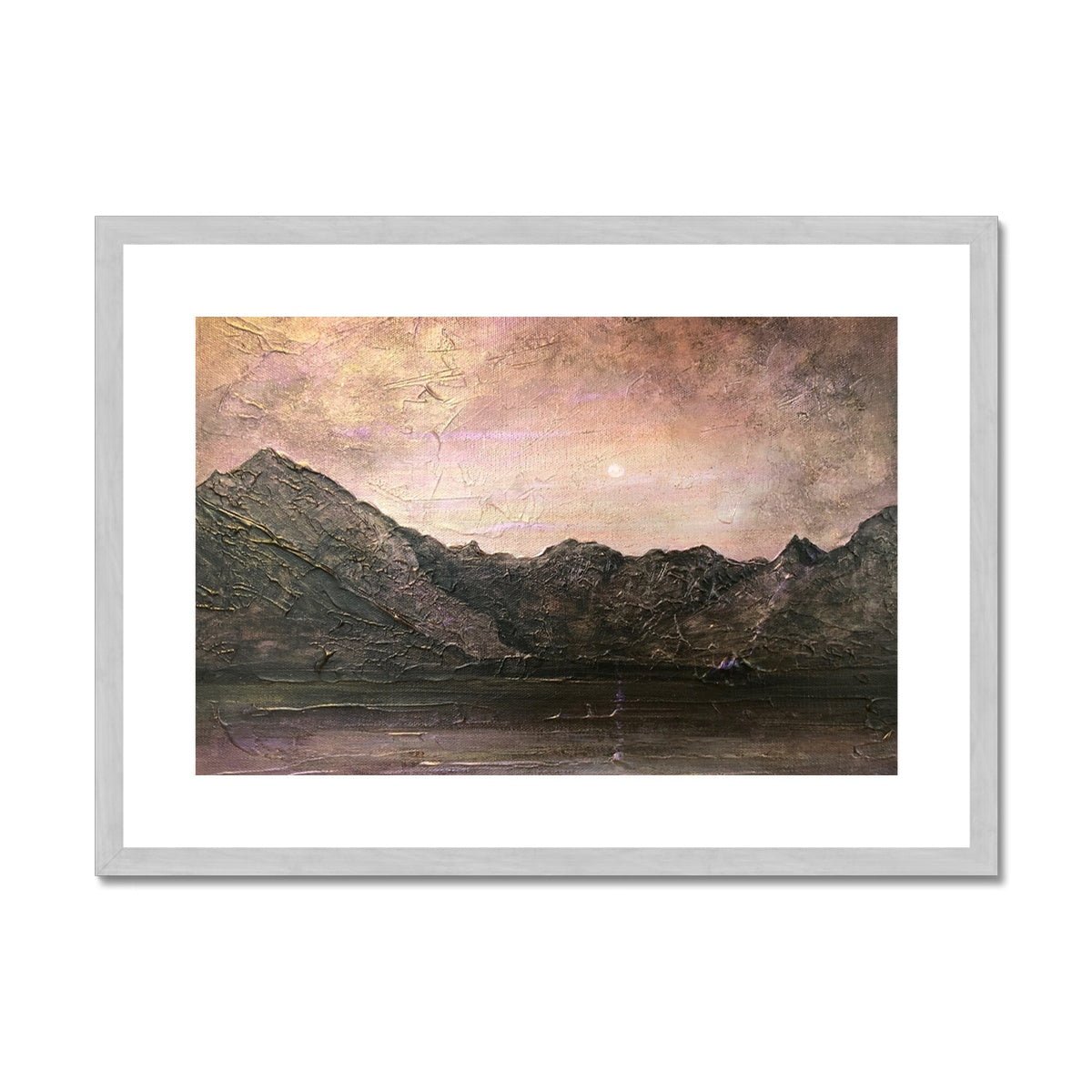 Dubh Ridge Moonlight Skye Painting | Antique Framed & Mounted Prints From Scotland-Antique Framed & Mounted Prints-Skye Art Gallery-A2 Landscape-Silver Frame-Paintings, Prints, Homeware, Art Gifts From Scotland By Scottish Artist Kevin Hunter