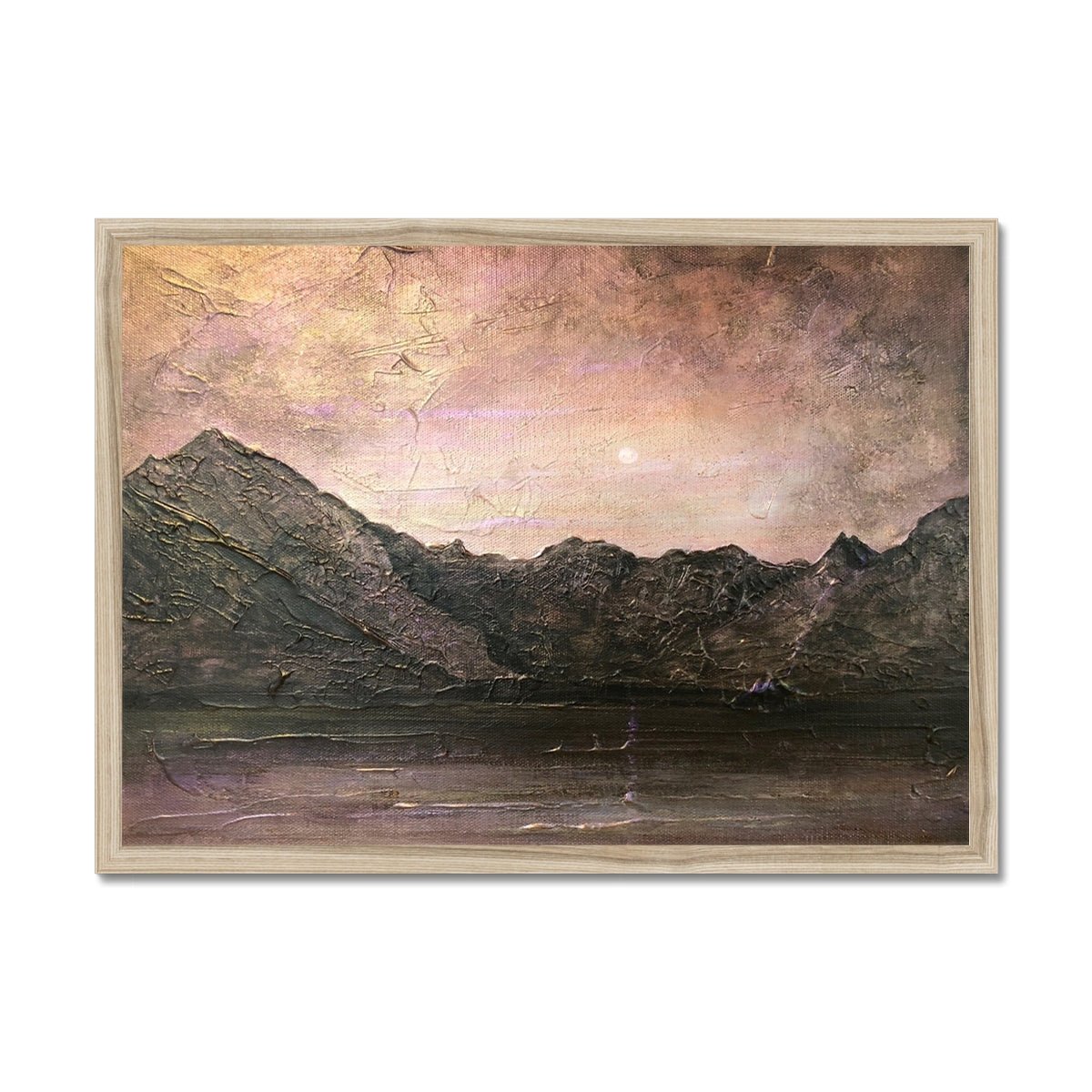 Dubh Ridge Moonlight Skye Painting | Framed Prints From Scotland-Framed Prints-Skye Art Gallery-A2 Landscape-Natural Frame-Paintings, Prints, Homeware, Art Gifts From Scotland By Scottish Artist Kevin Hunter