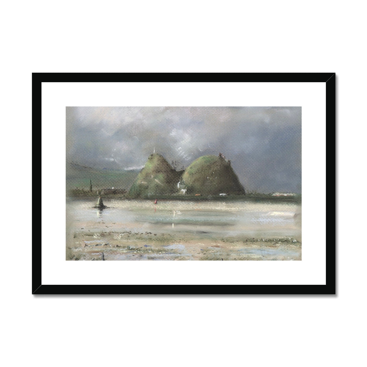 Dumbarton Rock framed print with pyramid structures and serene water