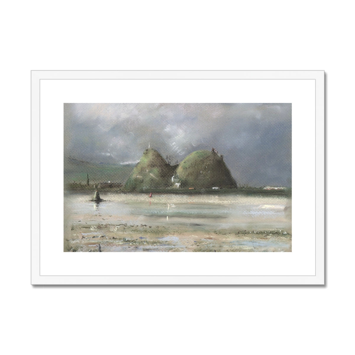 Dumbarton Rock framed canvas print of coastal scene with rock formations and boats