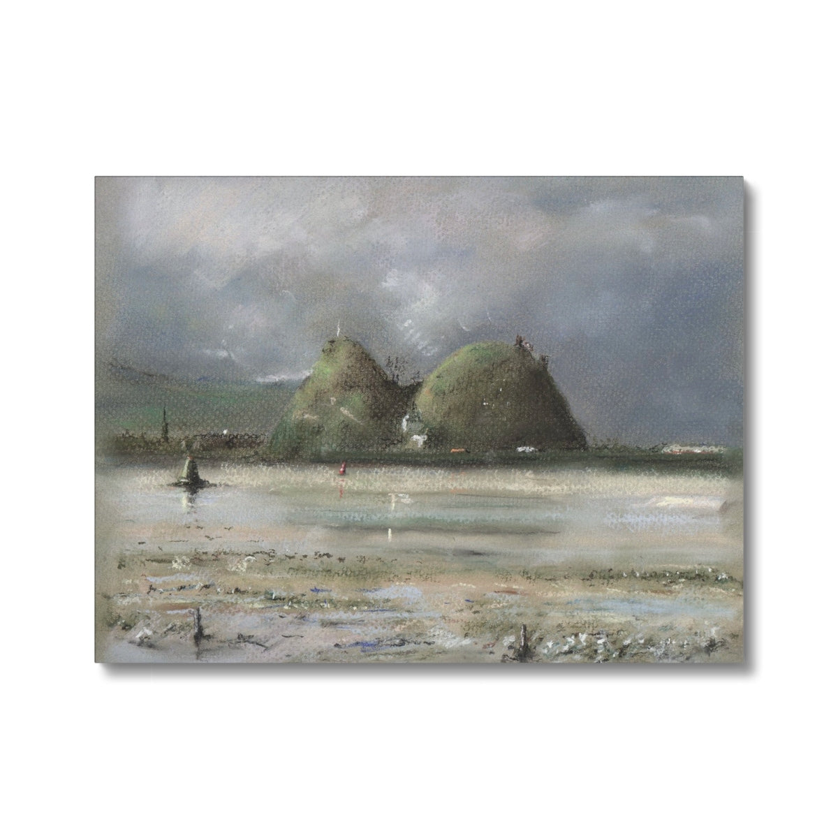 White and gray abstract Dumbarton Rock canvas of islands with boat