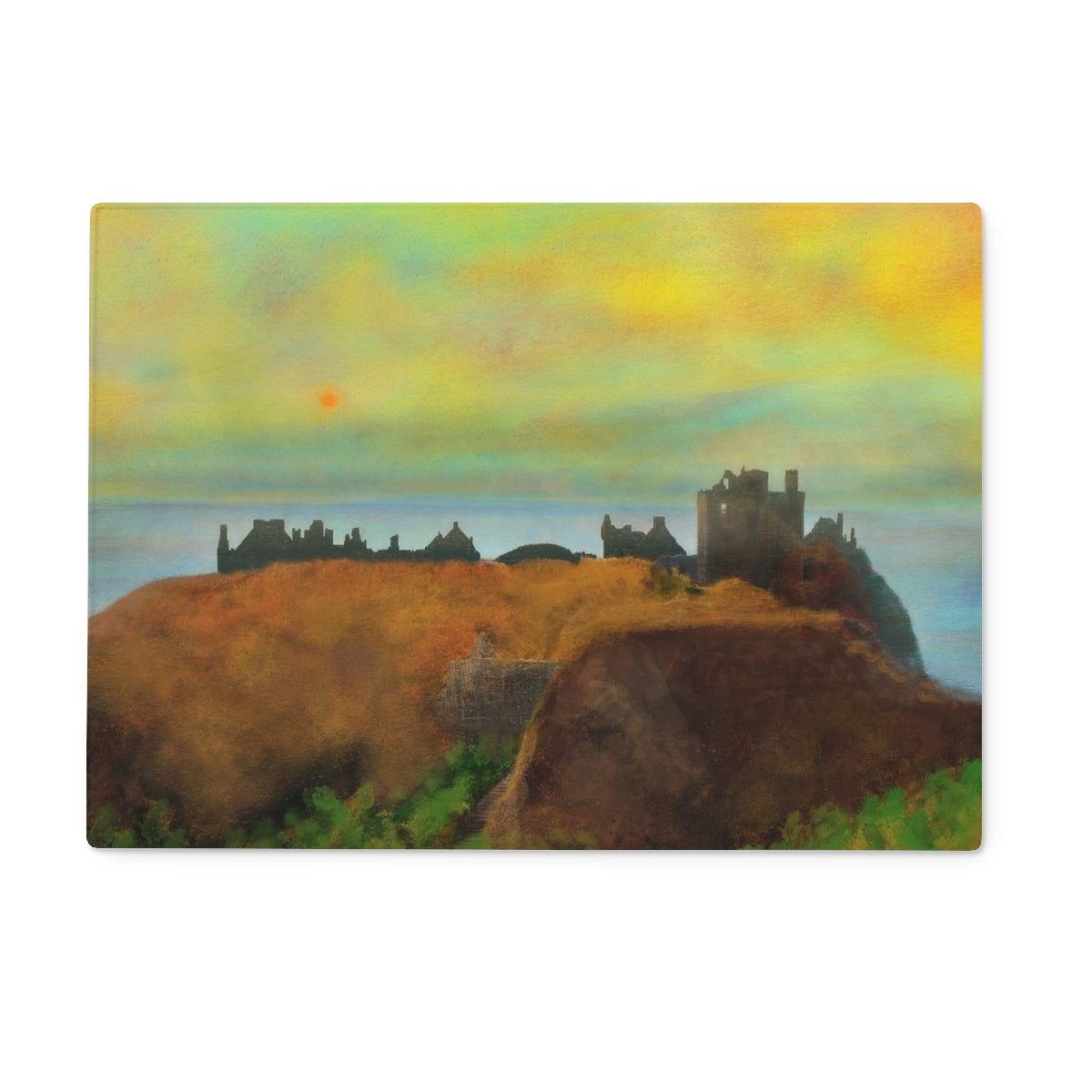 Dunnottar Castle Art Gifts Glass Chopping Board-Glass Chopping Boards-Historic & Iconic Scotland Art Gallery-15"x11" Rectangular-Paintings, Prints, Homeware, Art Gifts From Scotland By Scottish Artist Kevin Hunter