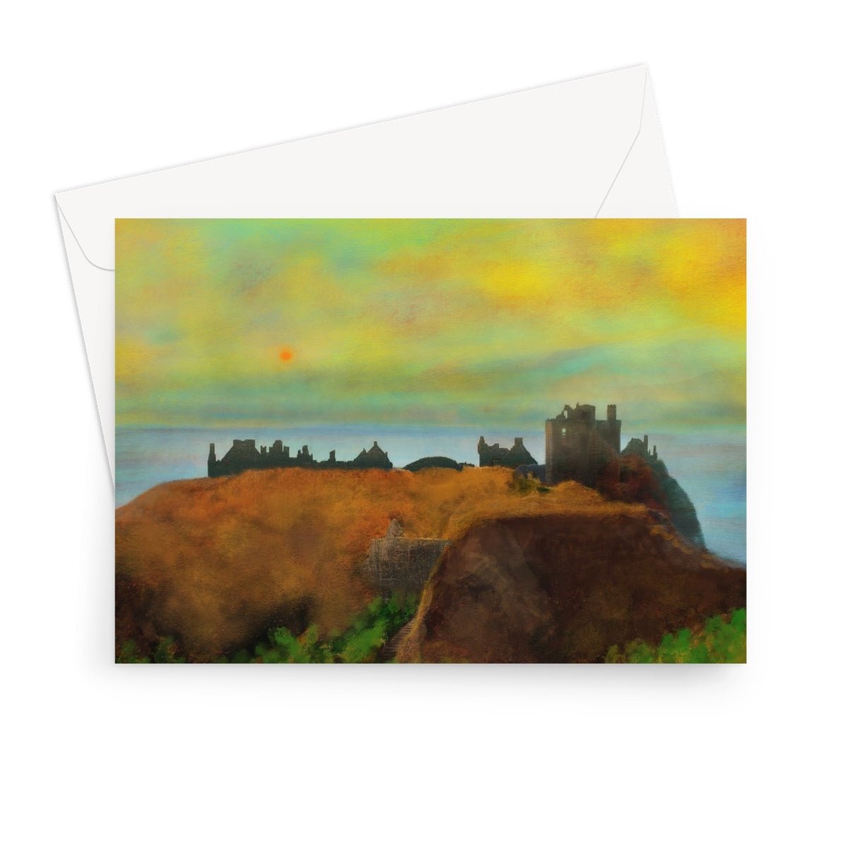 Dunnottar Castle Dusk Art Gifts Greeting Card-Greetings Cards-Historic & Iconic Scotland Art Gallery-7"x5"-1 Card-Paintings, Prints, Homeware, Art Gifts From Scotland By Scottish Artist Kevin Hunter