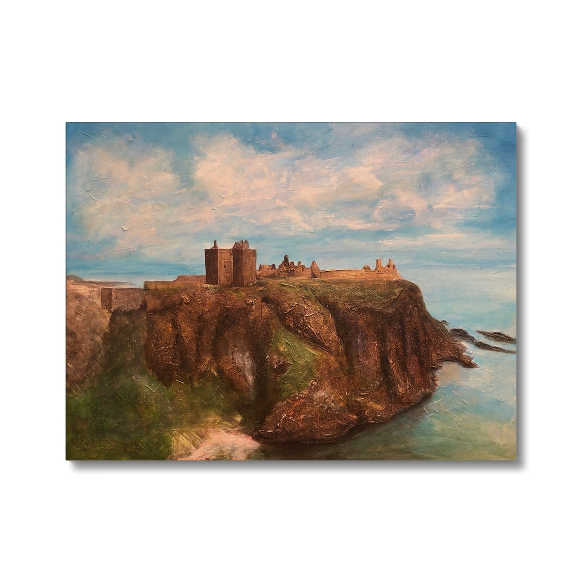 A painting of a historic cliffside castle overlooking the sea.