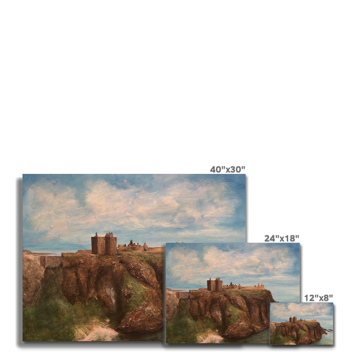 A set of three landscape paintings depicting a castle on a cliff overlooking the sea, in varying sizes.