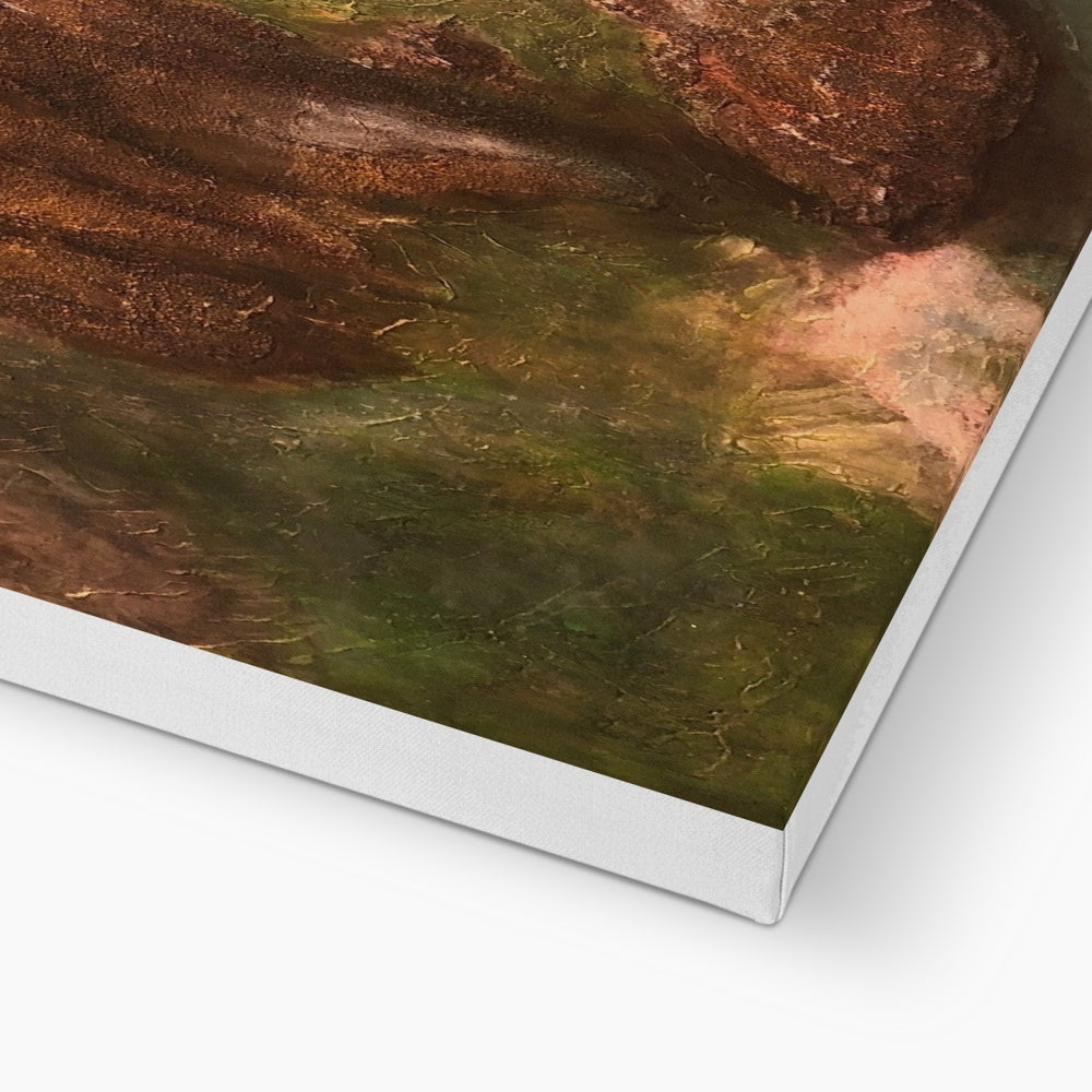 Textured canvas print with a green and brown abstract design.