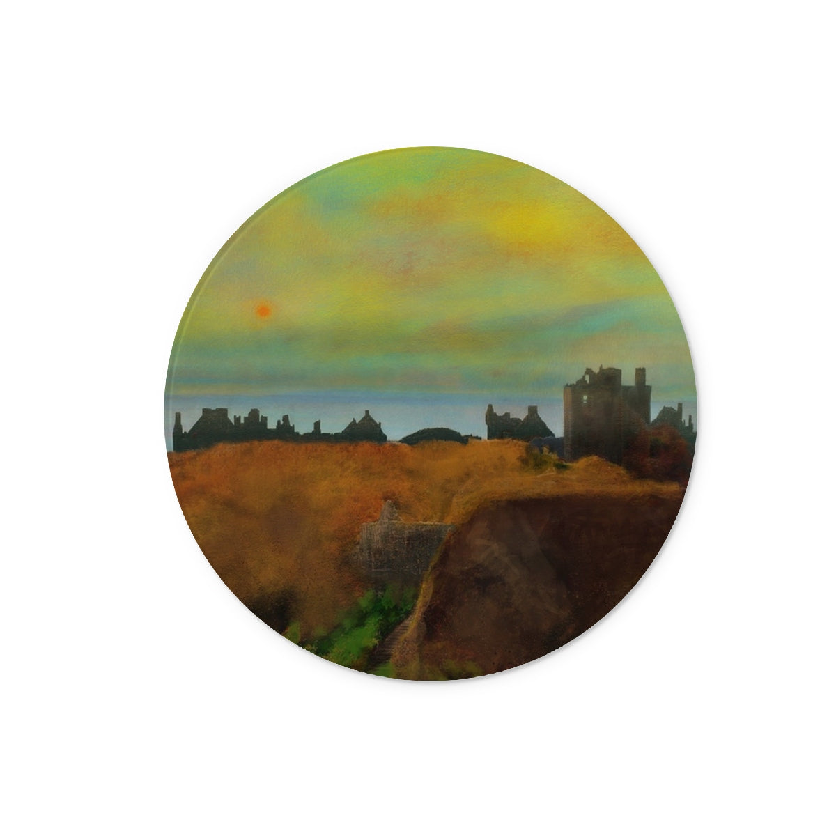 Dunnottar Castle Dusk Art Gifts Glass Chopping Board-Glass Chopping Boards-Historic & Iconic Scotland Art Gallery-12" Round-Paintings, Prints, Homeware, Art Gifts From Scotland By Scottish Artist Kevin Hunter