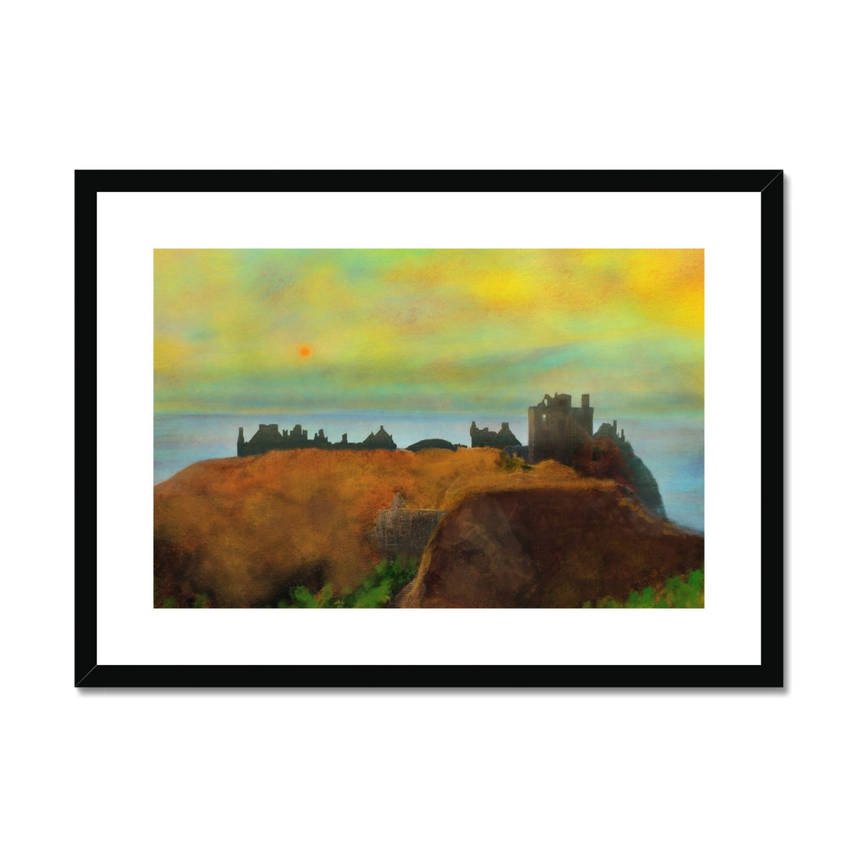 Dunnottar Castle at dusk on cliffs, black framed canvas print