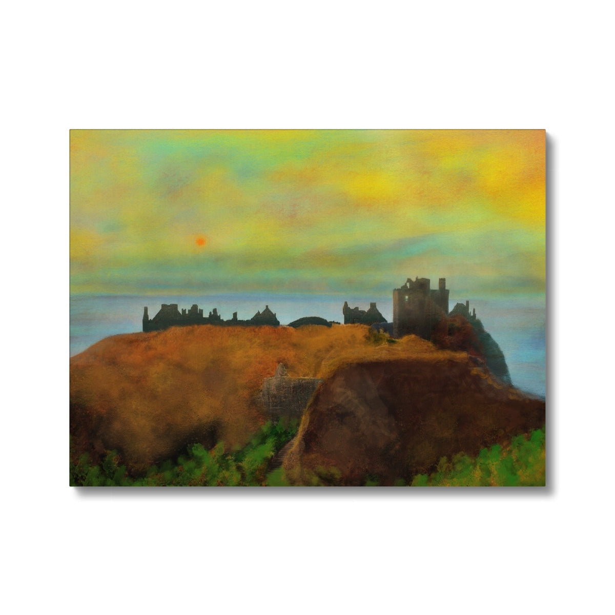 Yellow and green abstract Dunnottar Castle dusk landscape on cliff edge