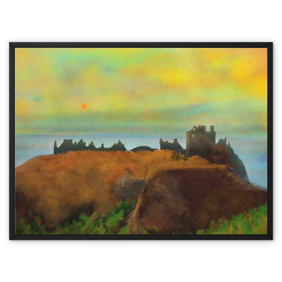 Dunnottar Castle Dusk Painting | Framed Canvas From Scotland-Floating Framed Canvas Prints-Scottish Castles Art Gallery-32"x24"-Black Frame-Paintings, Prints, Homeware, Art Gifts From Scotland By Scottish Artist Kevin Hunter