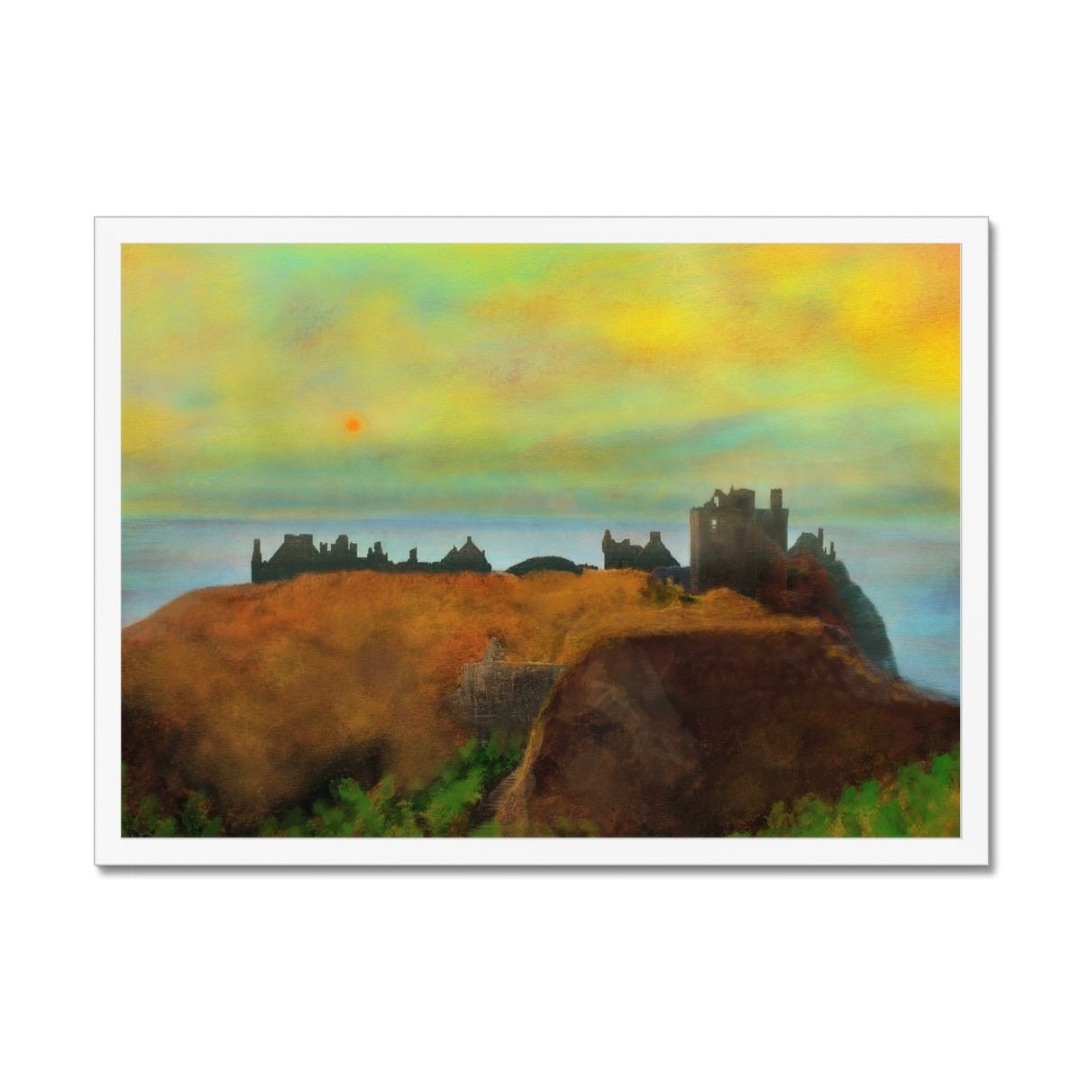 Dunnottar Castle Dusk Painting | Framed Prints From Scotland-Framed Prints-Scottish Castles Art Gallery-A2 Landscape-White Frame-Paintings, Prints, Homeware, Art Gifts From Scotland By Scottish Artist Kevin Hunter