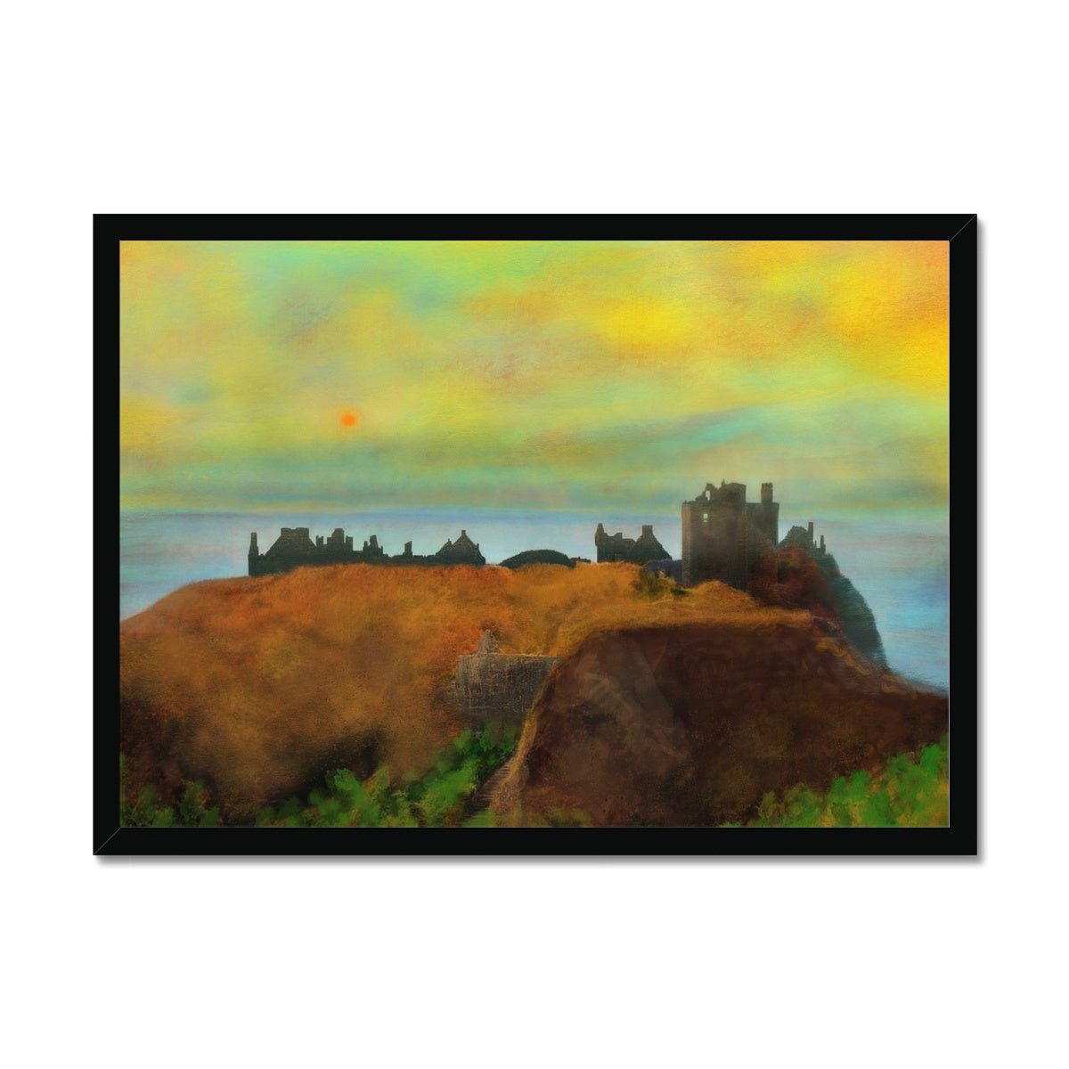 Dunnottar Castle Dusk Painting | Framed Prints From Scotland-Framed Prints-Scottish Castles Art Gallery-A2 Landscape-Black Frame-Paintings, Prints, Homeware, Art Gifts From Scotland By Scottish Artist Kevin Hunter