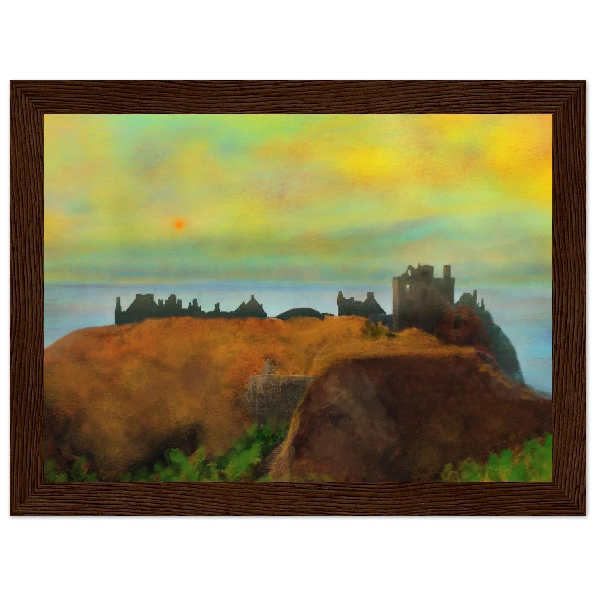 Framed Dunnottar Castle painting at dusk, Scotland sunset over cliffs