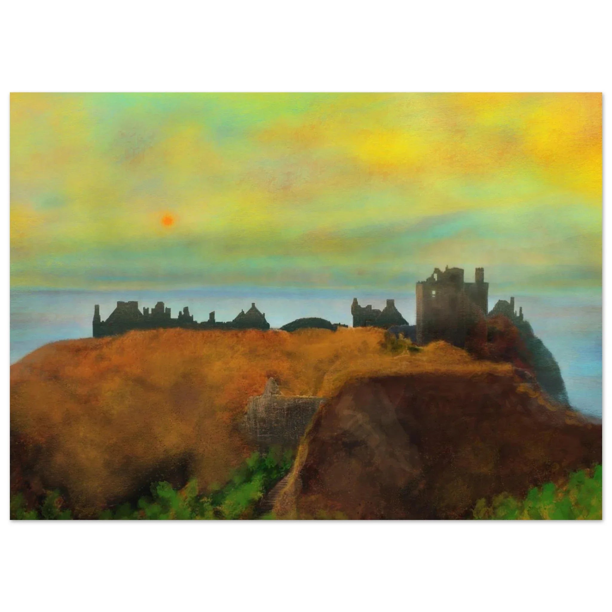 Weathered Dunnottar Castle ruin on rugged cliff at dusk, Scotland