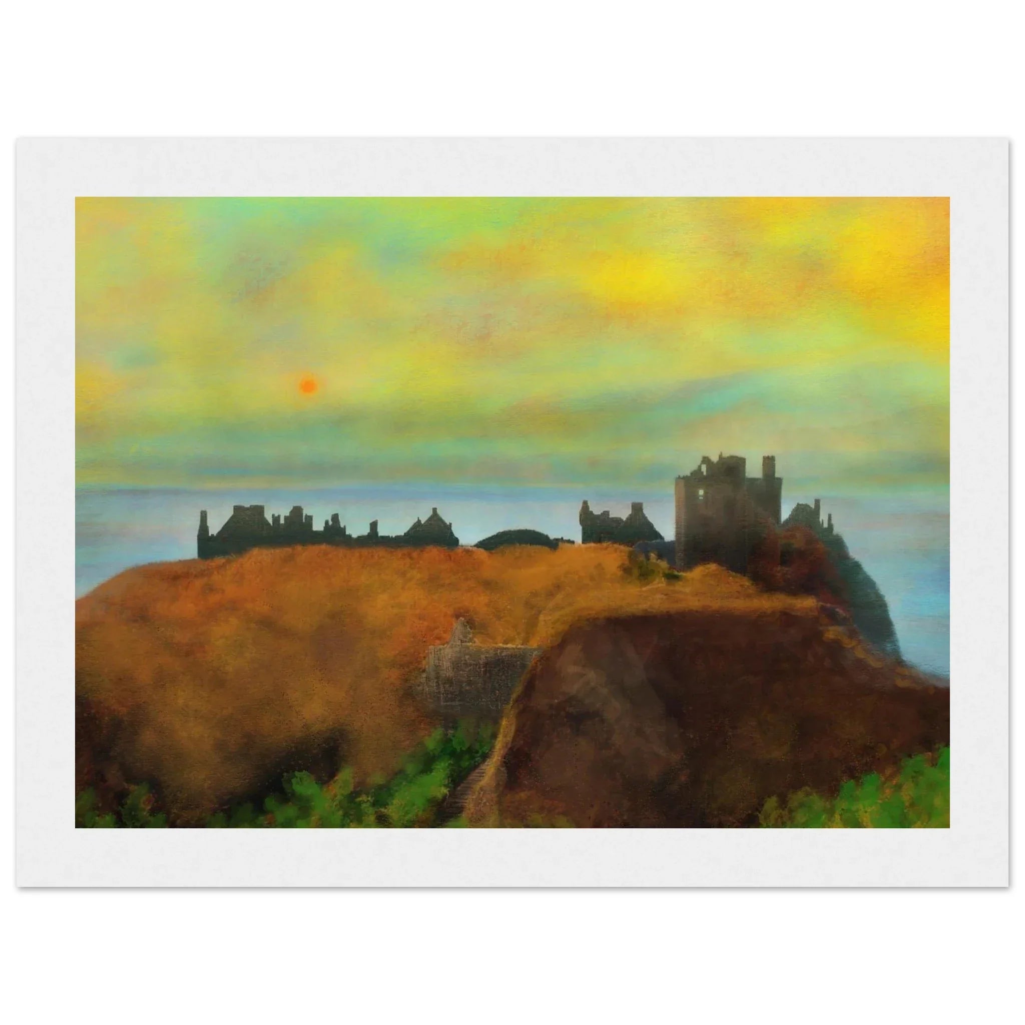 Framed Dunnottar Castle Dusk painting of Scottish ruins on cliffs at sunset