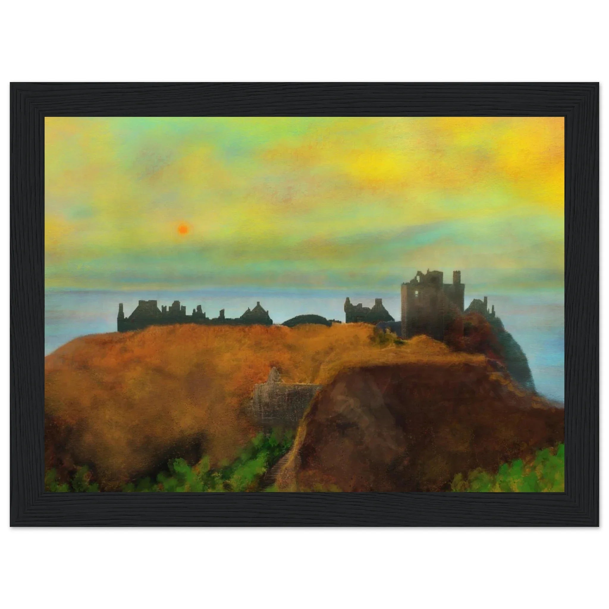 Dunnottar Castle Dusk painting in black frame with warm yellow green skies