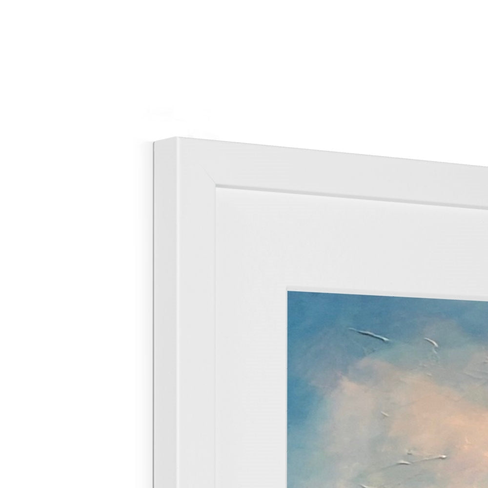 White picture frame with light blue and orange painting from Dunnottar Castle print