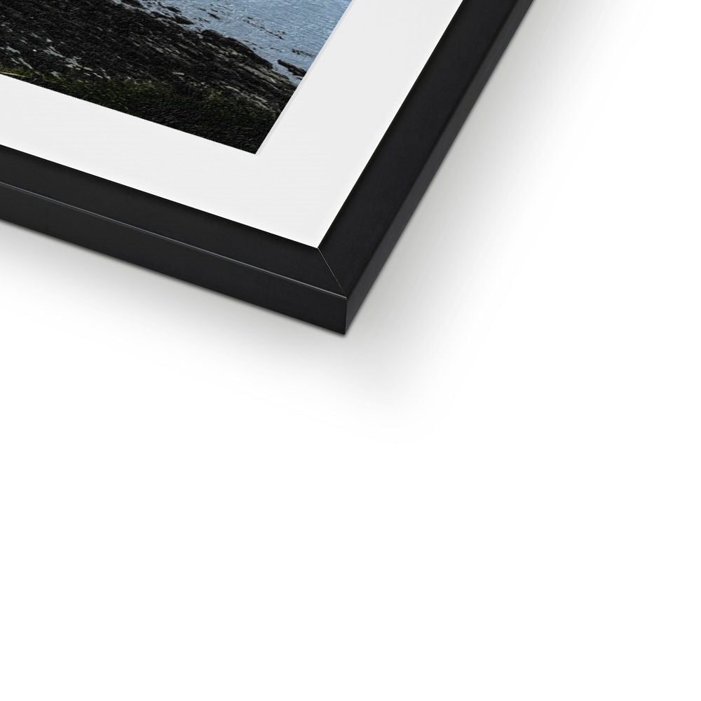 Black matte framed print of Dunnottar Castle mist over water