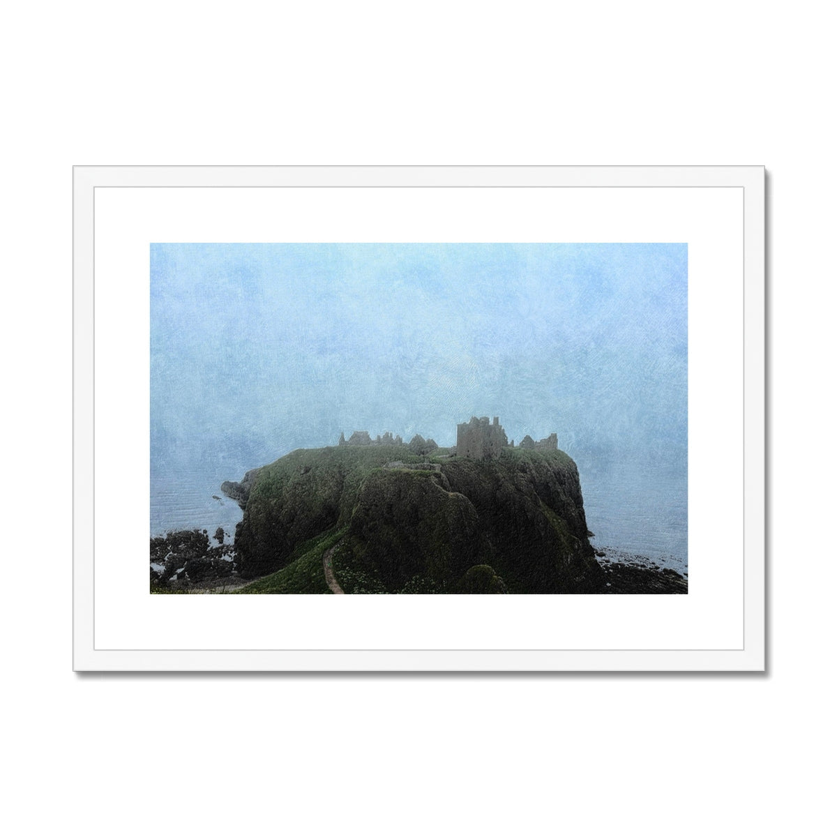 White framed Dunnottar Castle mist print on canvas