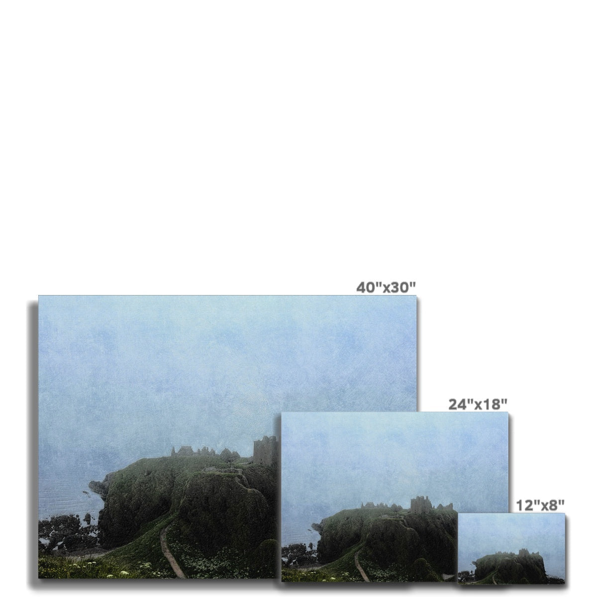 Dunnottar Castle Mist: 40x30 foggy coastal canvas with seaweed and rocks