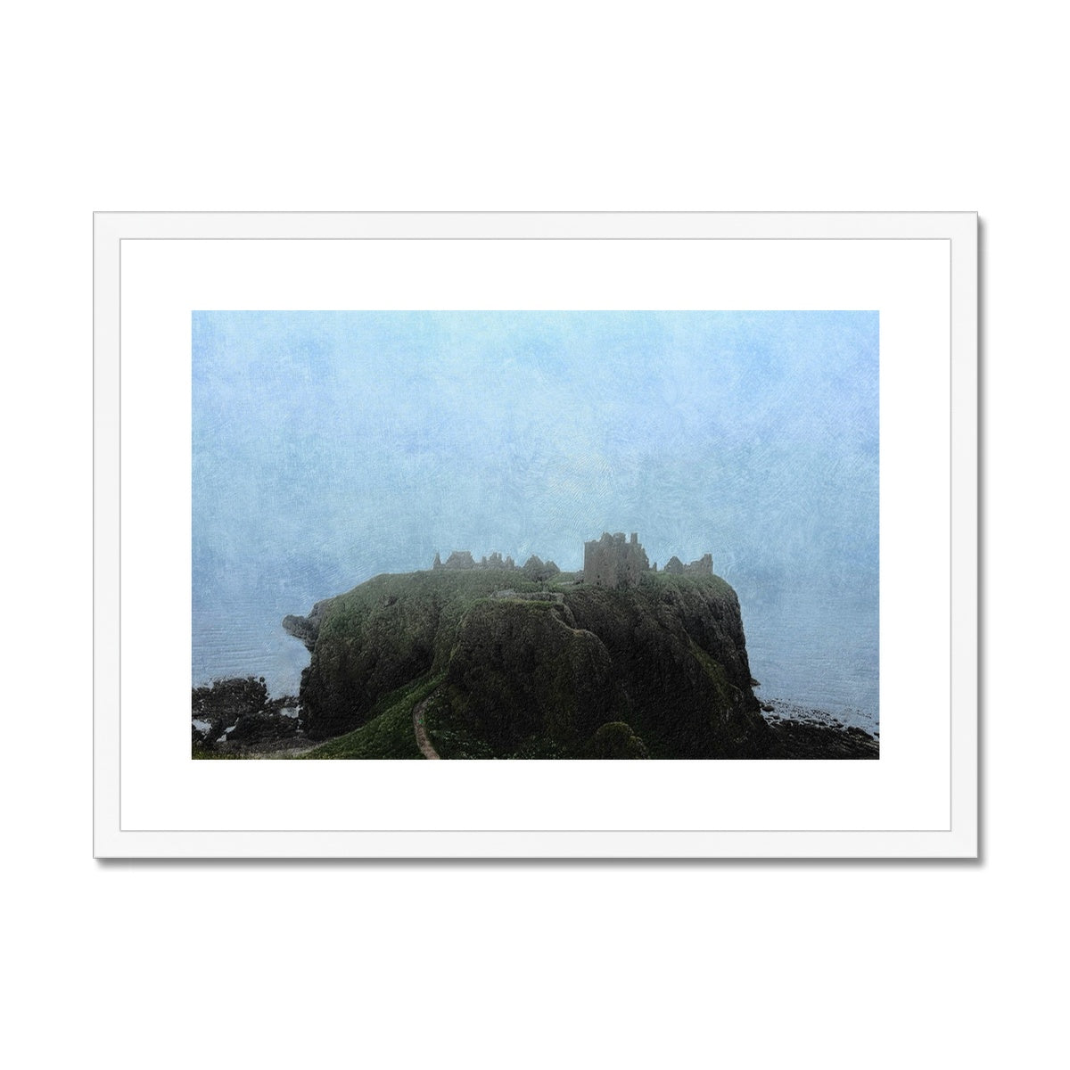 Dunnottar Castle Mist Painting | Framed & Mounted Prints From Scotland-Framed & Mounted Prints-Scottish Castles Art Gallery-A2 Landscape-White Frame-Paintings, Prints, Homeware, Art Gifts From Scotland By Scottish Artist Kevin Hunter