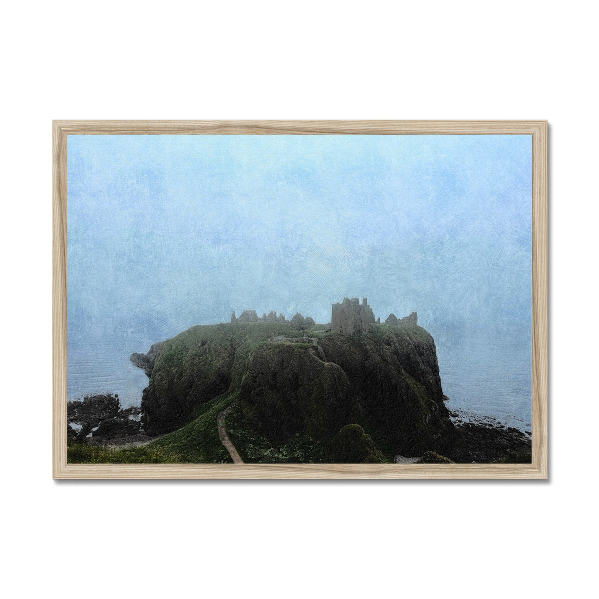 Dunnottar Castle Mist Painting | Framed Prints From Scotland-Framed Prints-Scottish Castles Art Gallery-A2 Landscape-Natural Frame-Paintings, Prints, Homeware, Art Gifts From Scotland By Scottish Artist Kevin Hunter