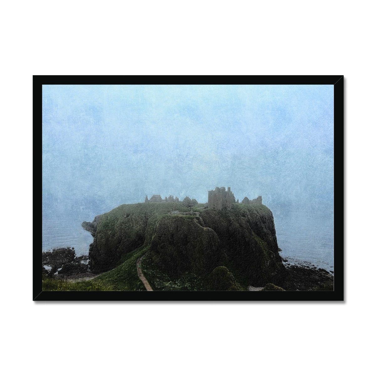 Dunnottar Castle Mist Painting | Framed Prints From Scotland-Framed Prints-Scottish Castles Art Gallery-A2 Landscape-Black Frame-Paintings, Prints, Homeware, Art Gifts From Scotland By Scottish Artist Kevin Hunter