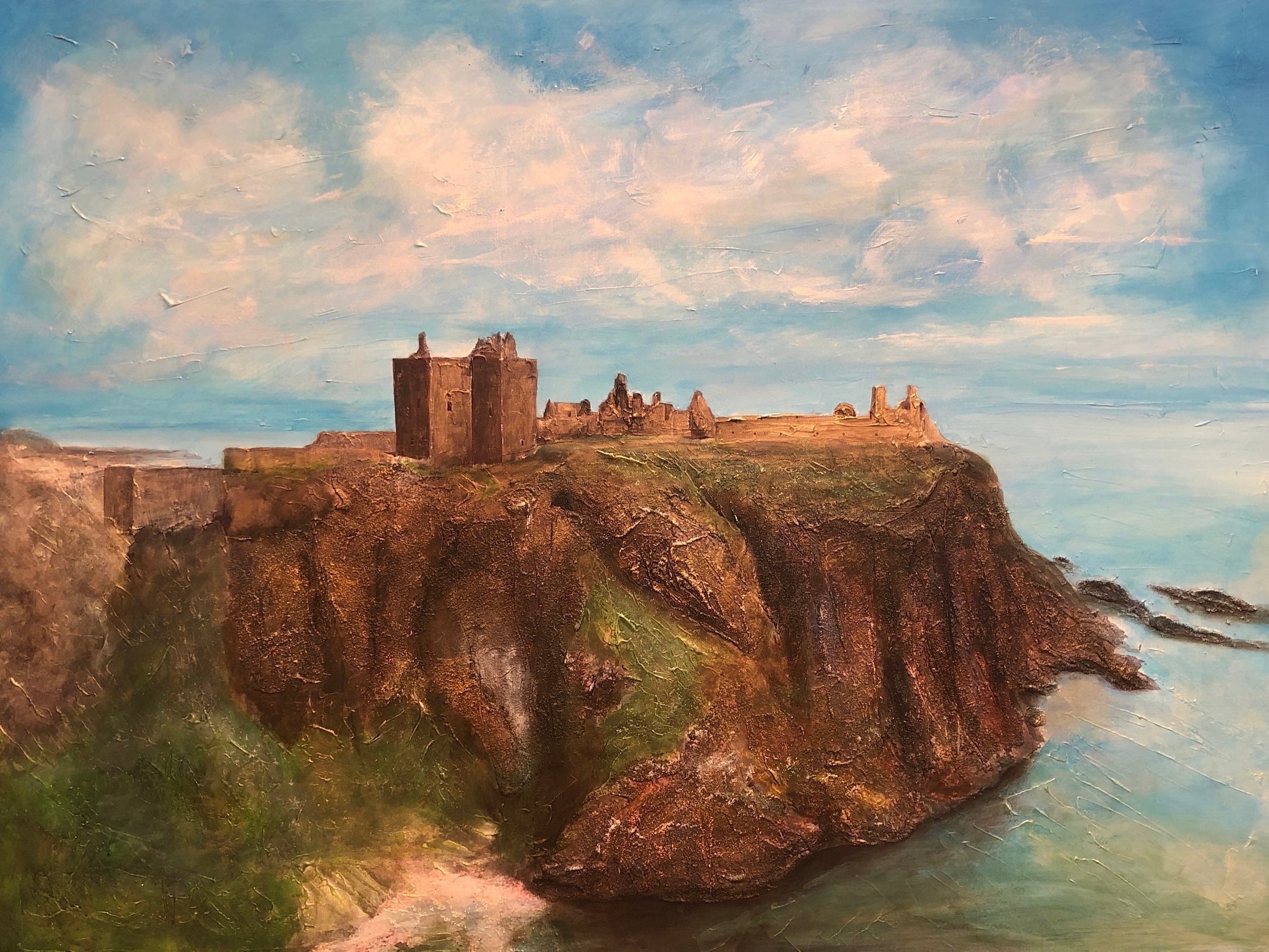 Oil painting of Dunnottar Castle on a cliff overlooking the sea in a Scottish landscape scene