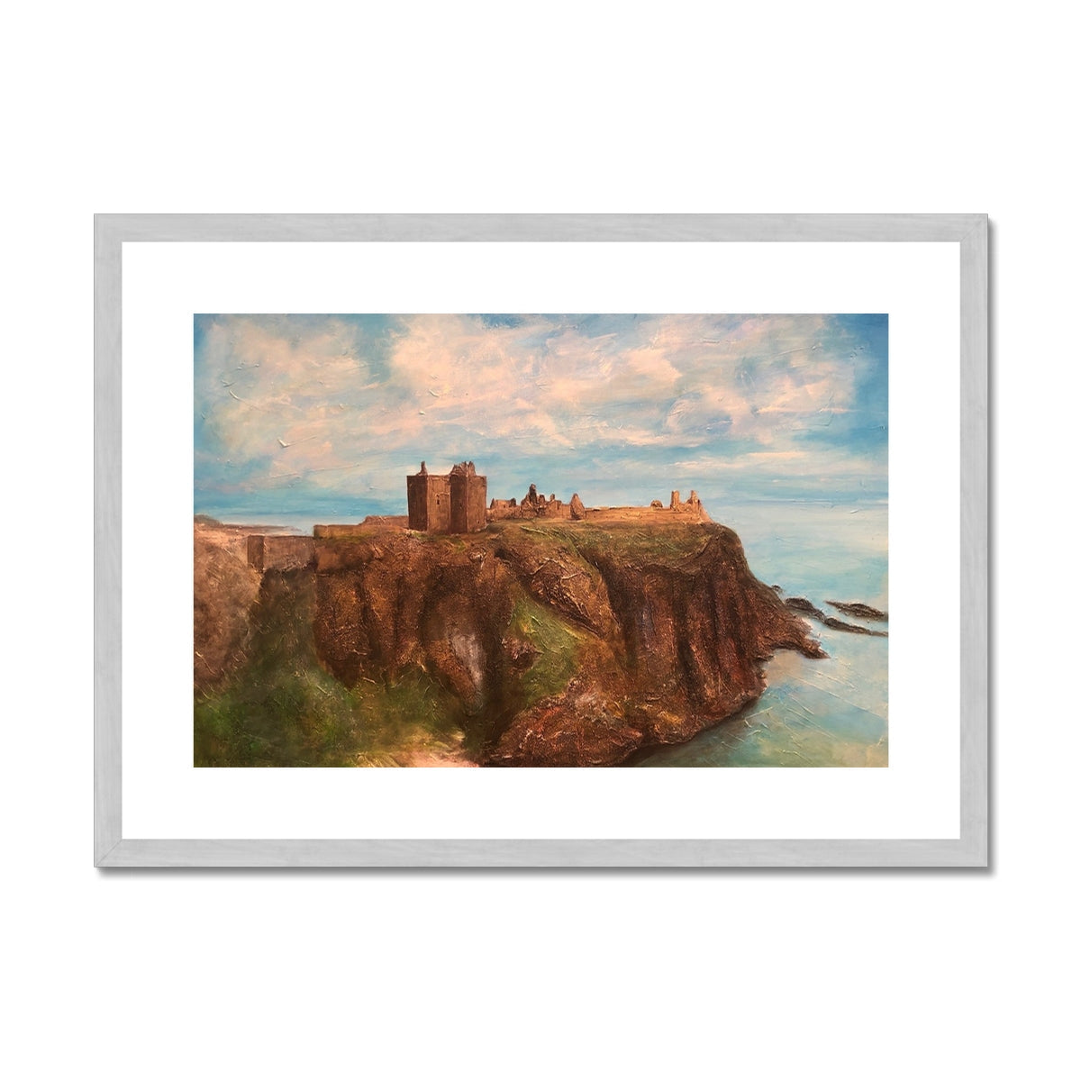 Dunnottar Castle Painting | Antique Framed & Mounted Prints From Scotland-Antique Framed & Mounted Prints-Historic & Iconic Scotland Art Gallery-A2 Landscape-Silver Frame-Paintings, Prints, Homeware, Art Gifts From Scotland By Scottish Artist Kevin Hunter