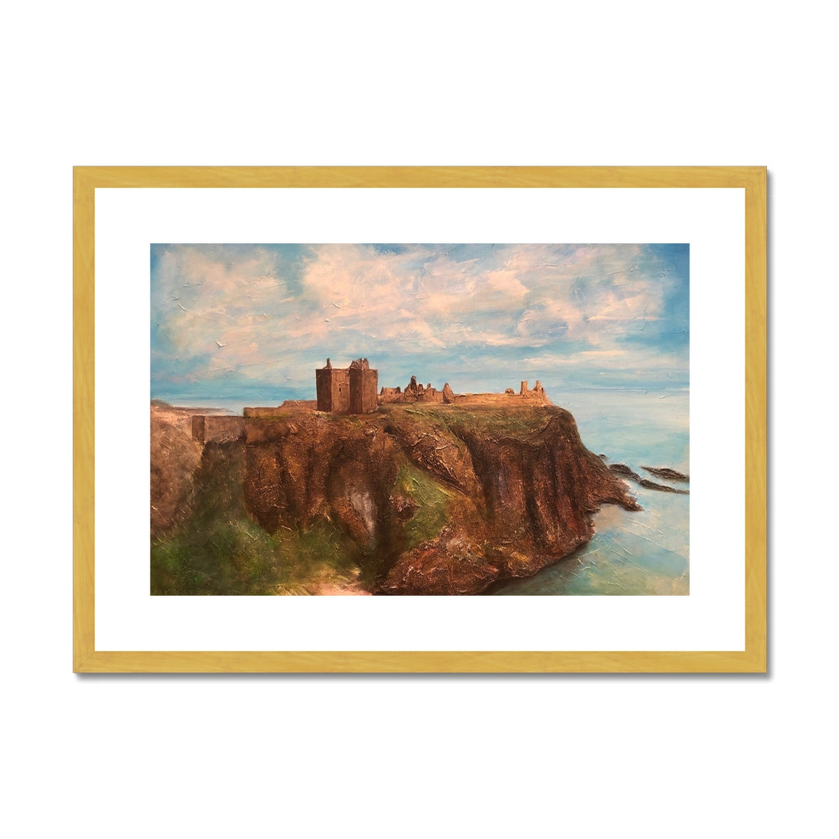 Dunnottar Castle Painting | Antique Framed & Mounted Prints From Scotland-Antique Framed & Mounted Prints-Historic & Iconic Scotland Art Gallery-A2 Landscape-Gold Frame-Paintings, Prints, Homeware, Art Gifts From Scotland By Scottish Artist Kevin Hunter