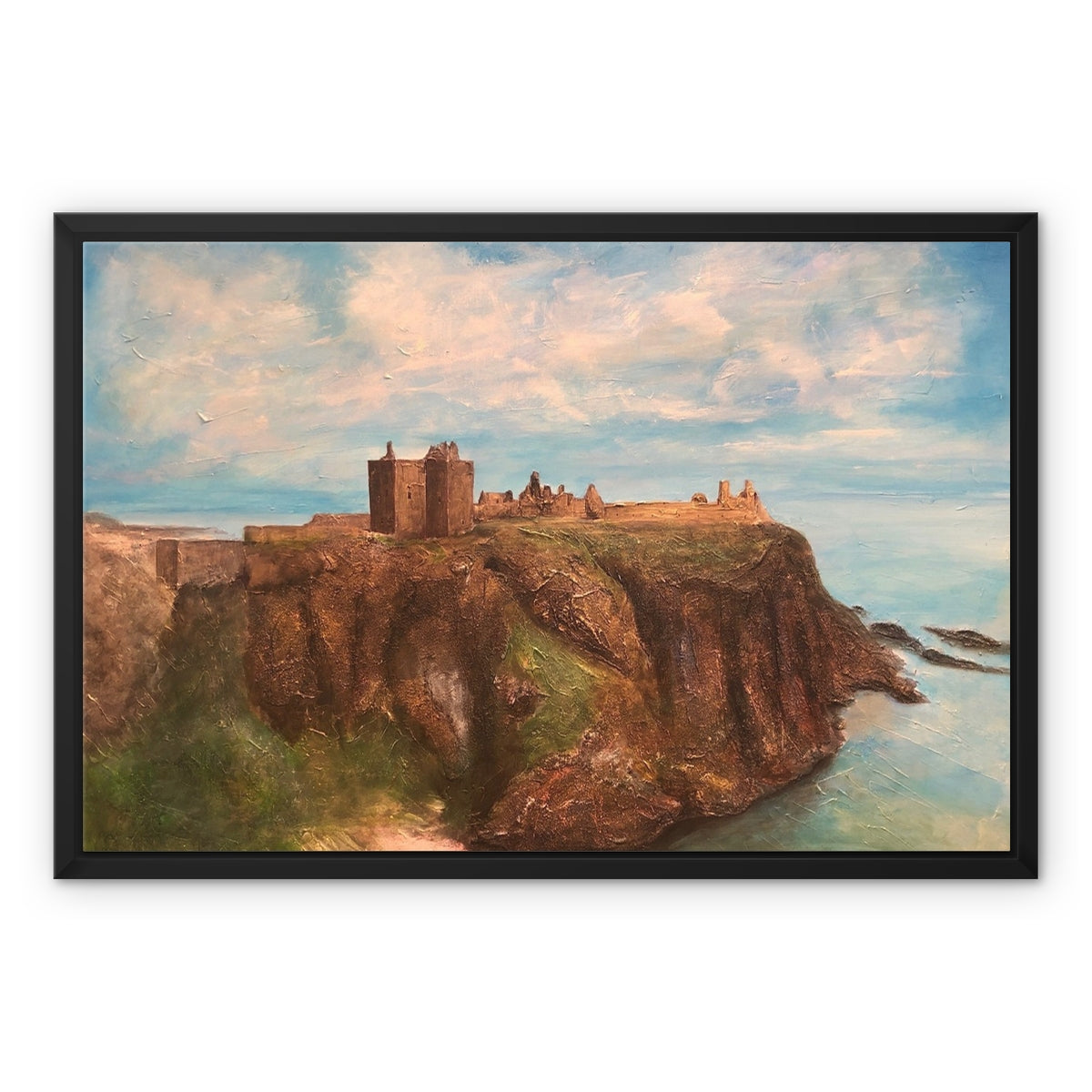 Dunnottar Castle Painting | Framed Canvas From Scotland-Floating Framed Canvas Prints-Historic & Iconic Scotland Art Gallery-24"x18"-Paintings, Prints, Homeware, Art Gifts From Scotland By Scottish Artist Kevin Hunter