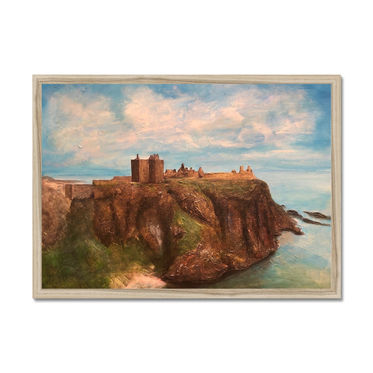 Dunnottar Castle Painting | Framed Prints From Scotland-Framed Prints-Historic & Iconic Scotland Art Gallery-A2 Landscape-Natural Frame-Paintings, Prints, Homeware, Art Gifts From Scotland By Scottish Artist Kevin Hunter