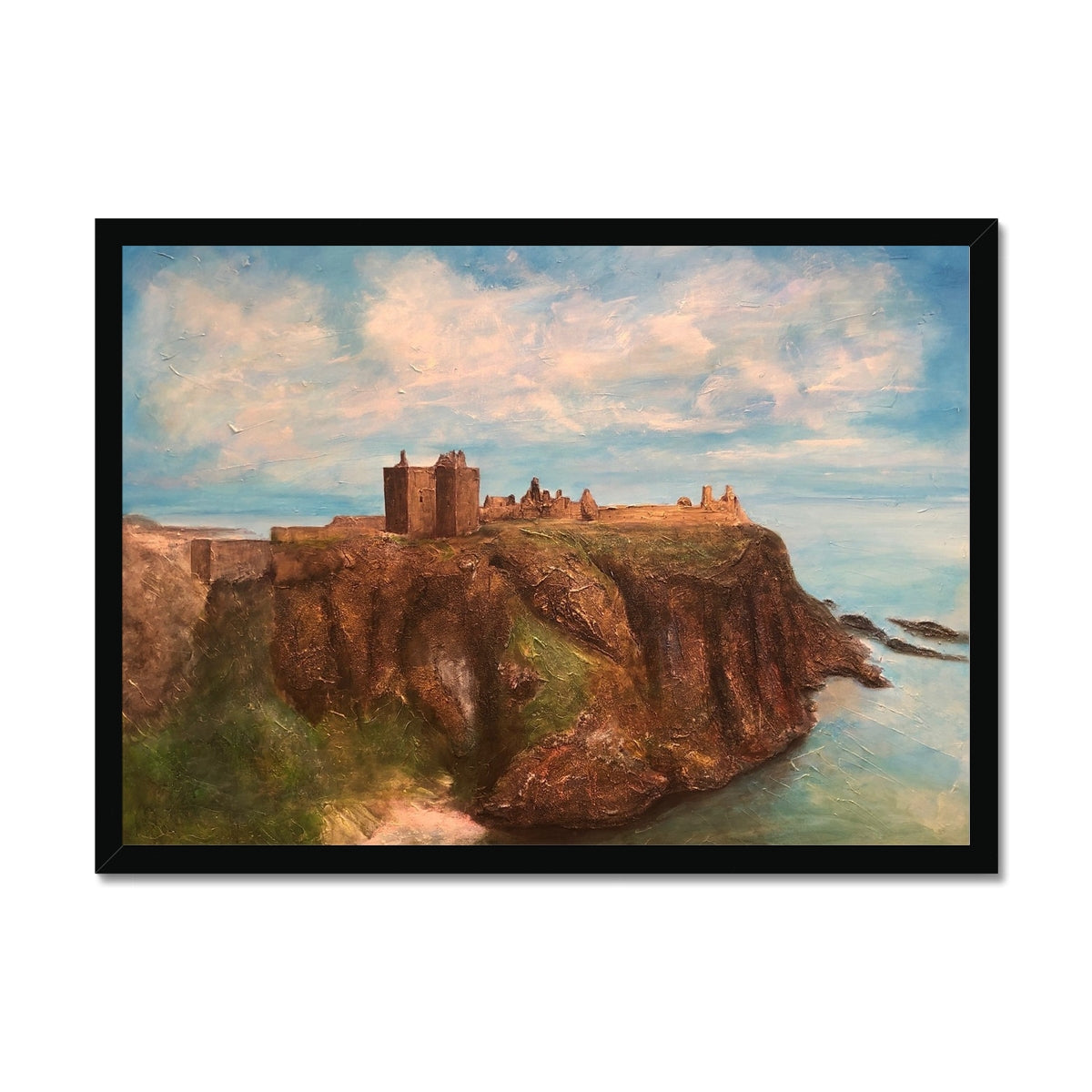 Dunnottar Castle Painting | Framed Prints From Scotland-Framed Prints-Historic & Iconic Scotland Art Gallery-A2 Landscape-Black Frame-Paintings, Prints, Homeware, Art Gifts From Scotland By Scottish Artist Kevin Hunter