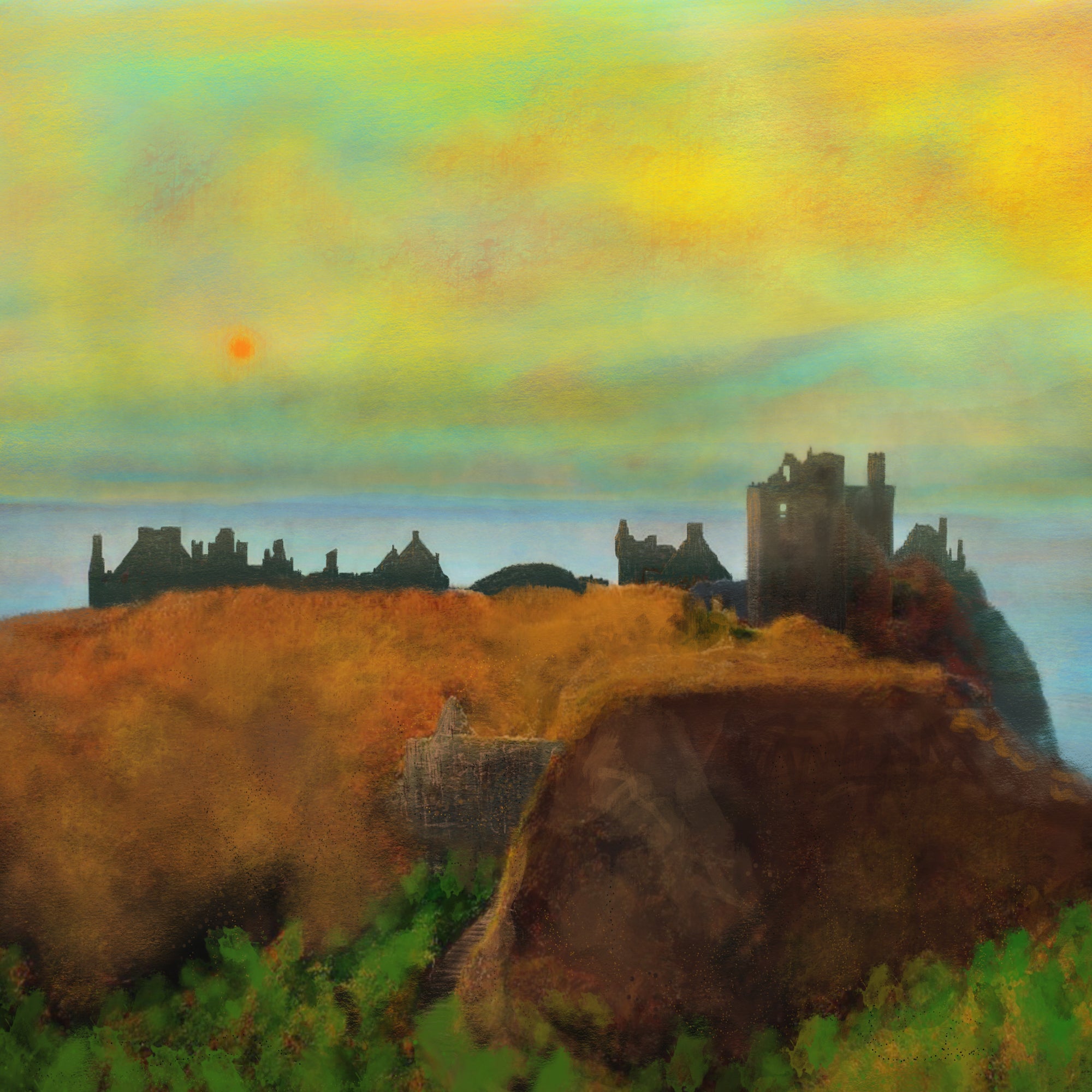 Vibrant painterly landscape of Dunnottar Castle ruins at sunset in Scotland