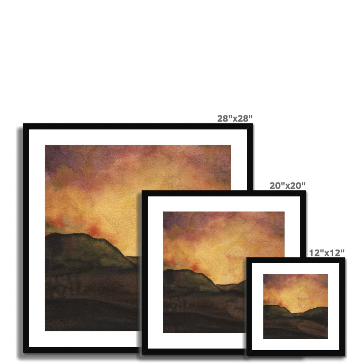 28x28 Dunoon Dusk framed landscape art print, black frame, white mat