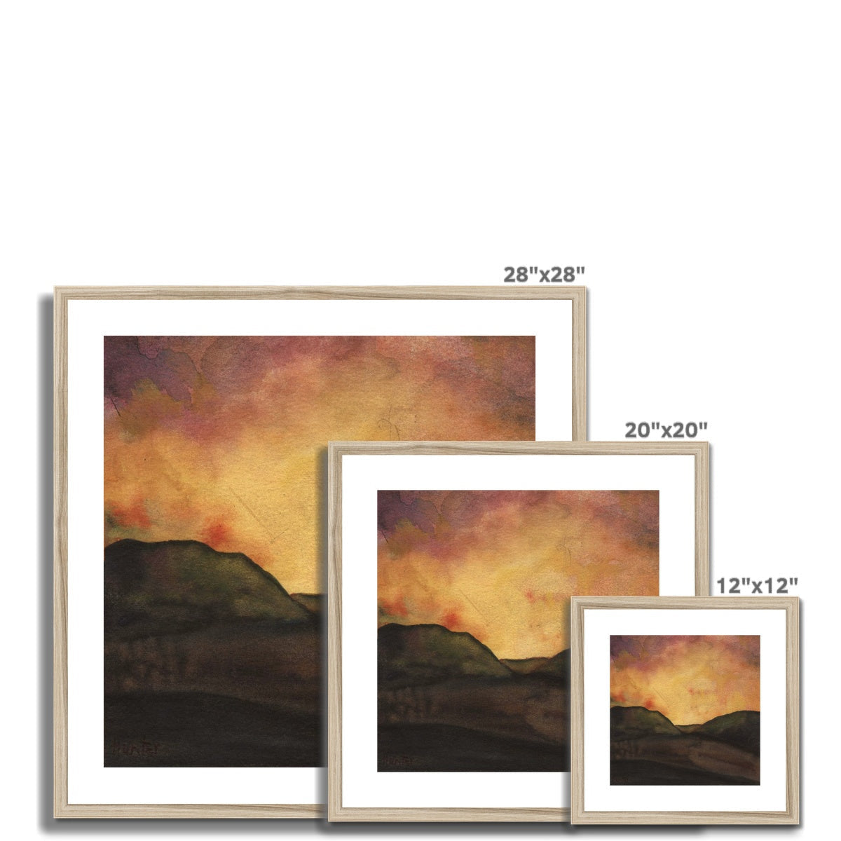 28x28 Dunoon Dusk framed print: warm sunset sky, dark mountain silhouette in gold frame