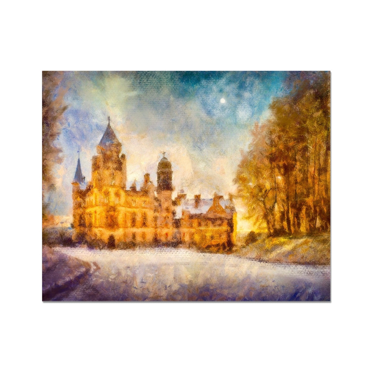 Impressionistic painting of Dunrobin Castle at dusk or dawn in a collector print