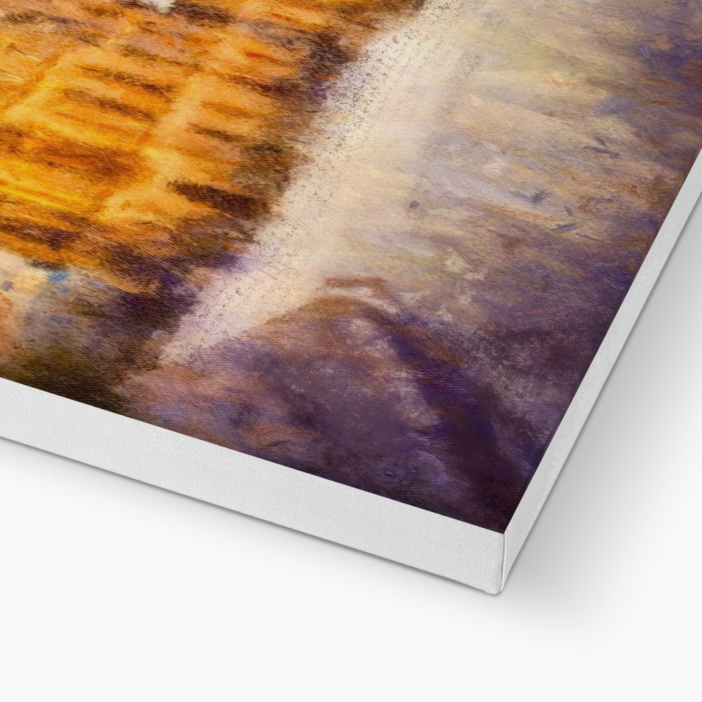 A vibrant, textured canvas print with abstract brushstrokes of orange, purple, and white.