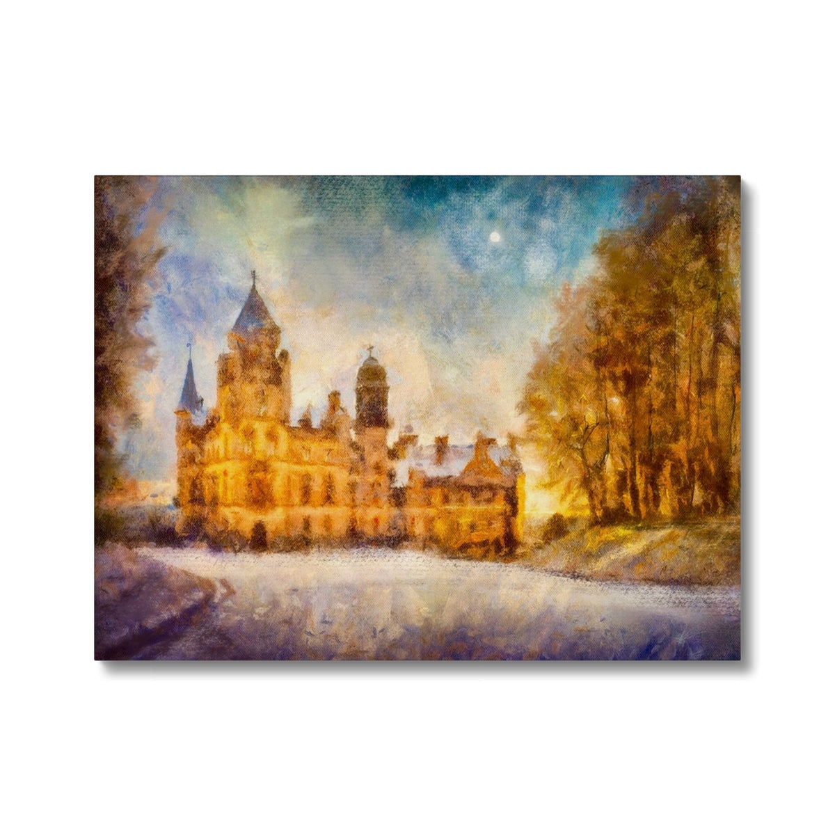 Impressionistic painting of a grand castle at dusk or dawn with warm, glowing light.