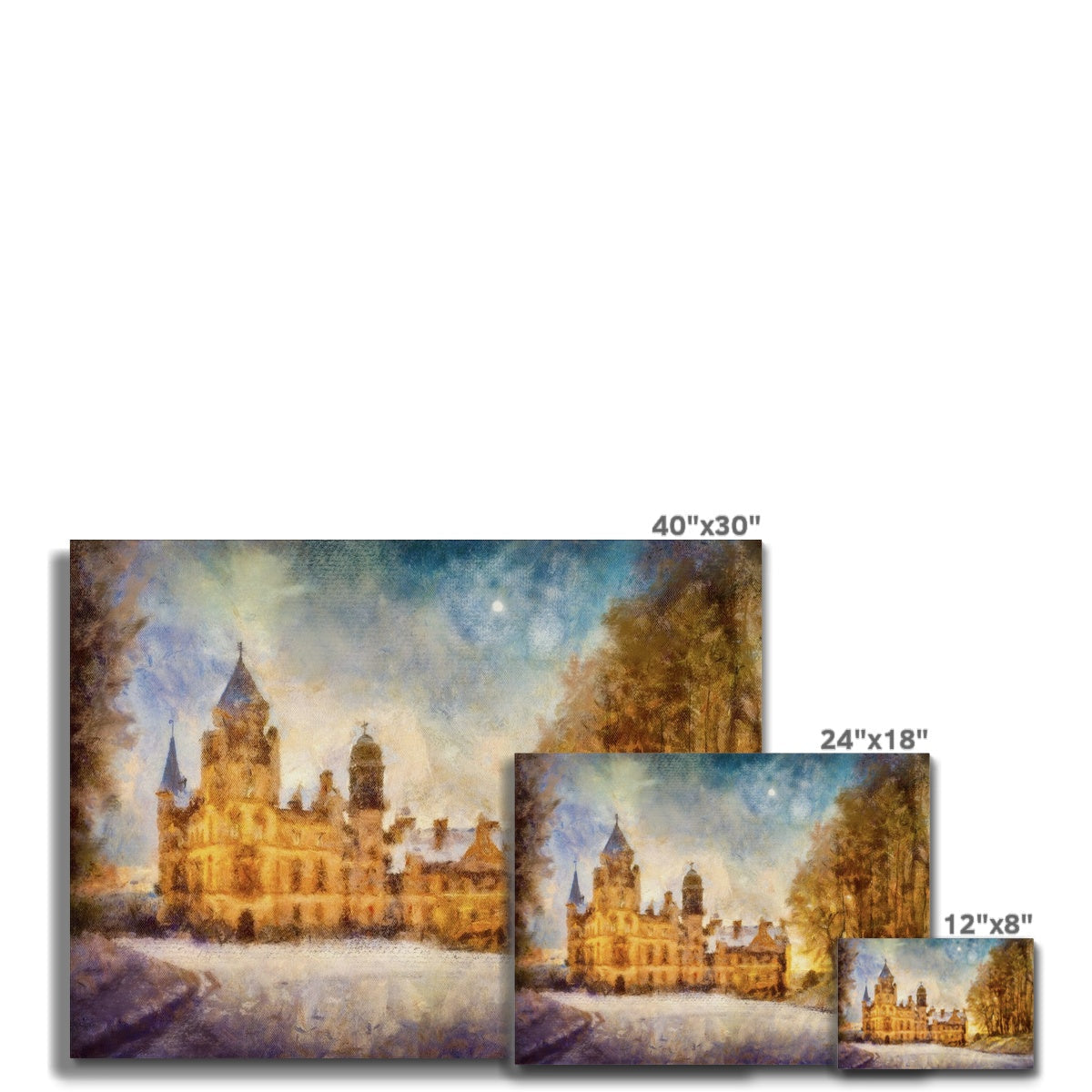 A set of three canvas prints of a castle painting in varying sizes.