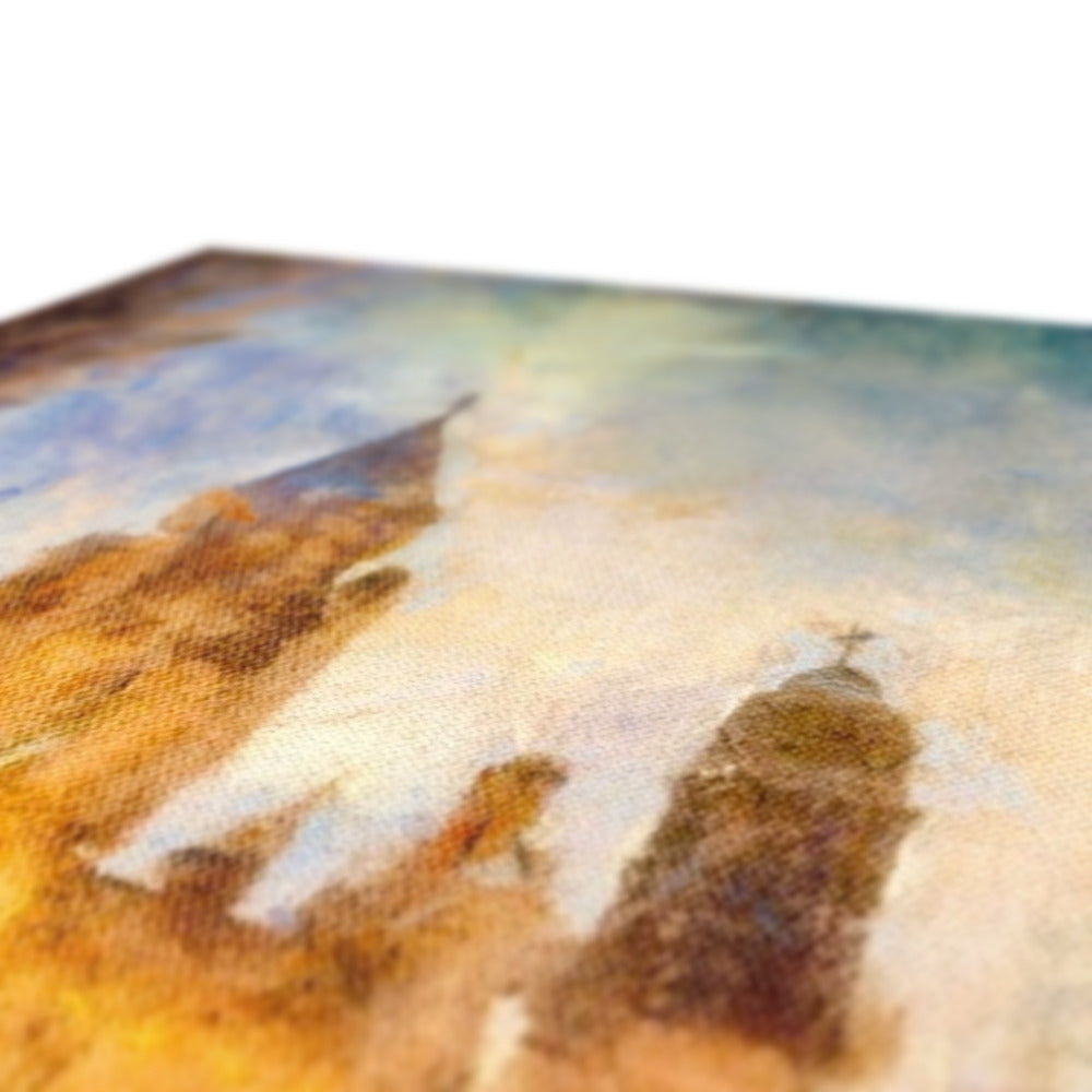 An impressionistic painting of buildings with spires and domes under a cloudy sky.